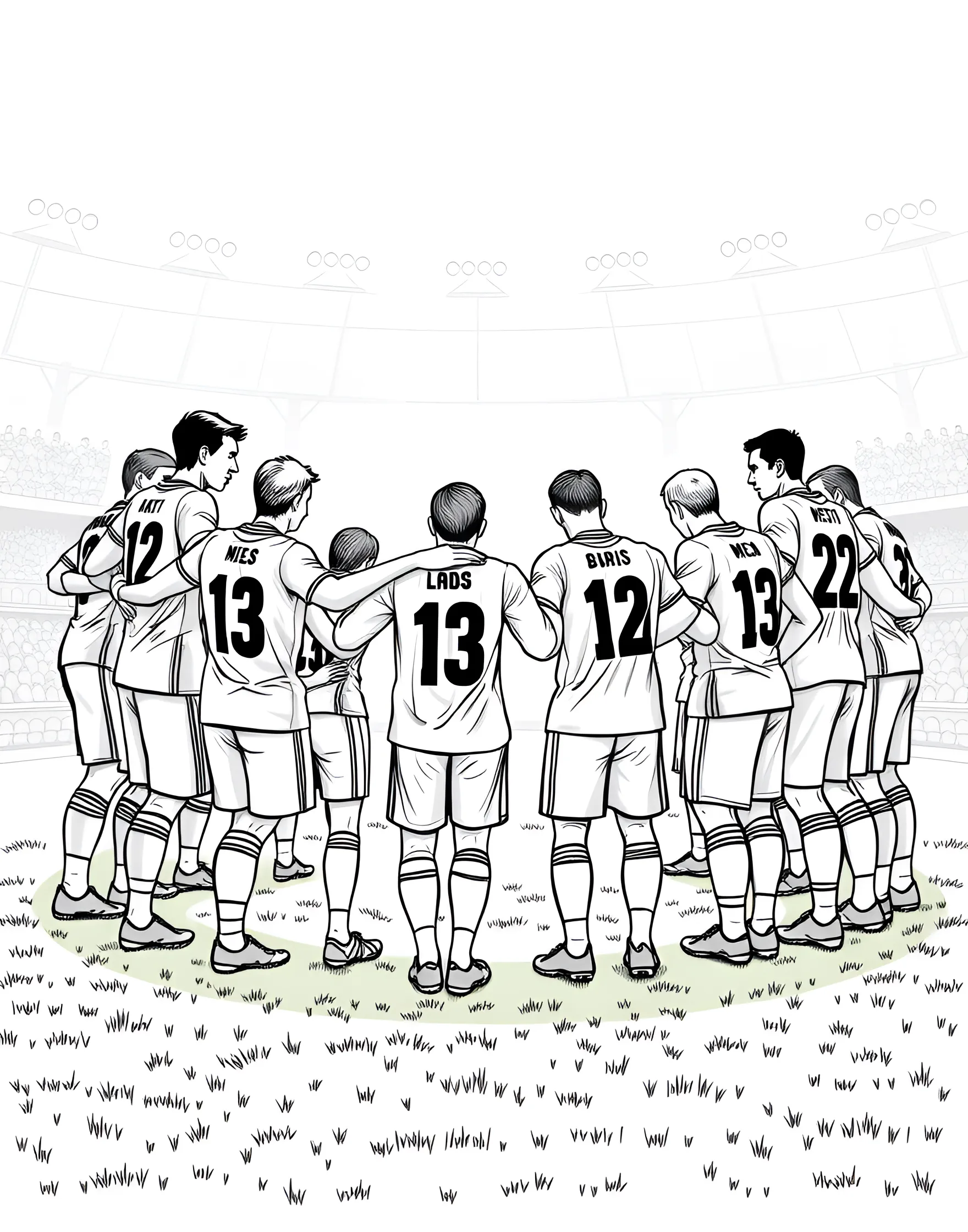 Soccer Team Huddle Coloring Page -- prompt: "A soccer team huddled together in a circle, arms around each other's shoulders." -- This heartwarming coloring page depicts a soccer team in a pre-game huddle. The players are shown with their arms around each other, symbolizing unity and team spirit. Their determined expressions convey the excitement before a big match.