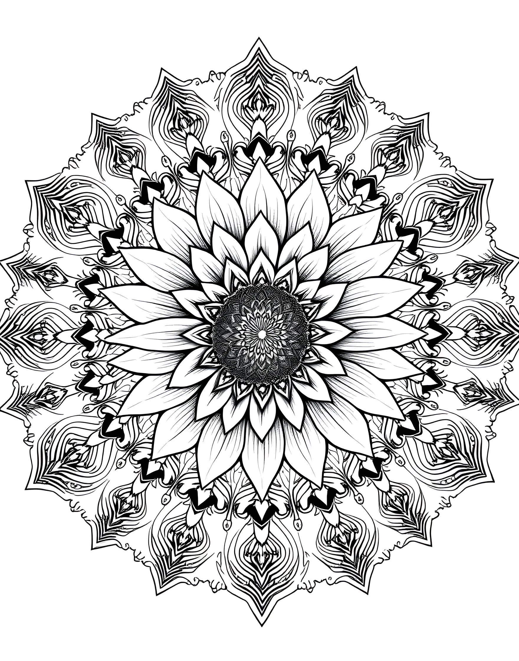 Sunflower Power Mandala Coloring Page -- prompt: "A mandala centered around a large sunflower, with petals and seed patterns forming a radiant, circular design." -- Harness the energy of the sun with this cheerful sunflower mandala. Radiant petals and seed patterns create a bright, circular design. Let the warmth and positivity of sunflowers inspire your color choices.