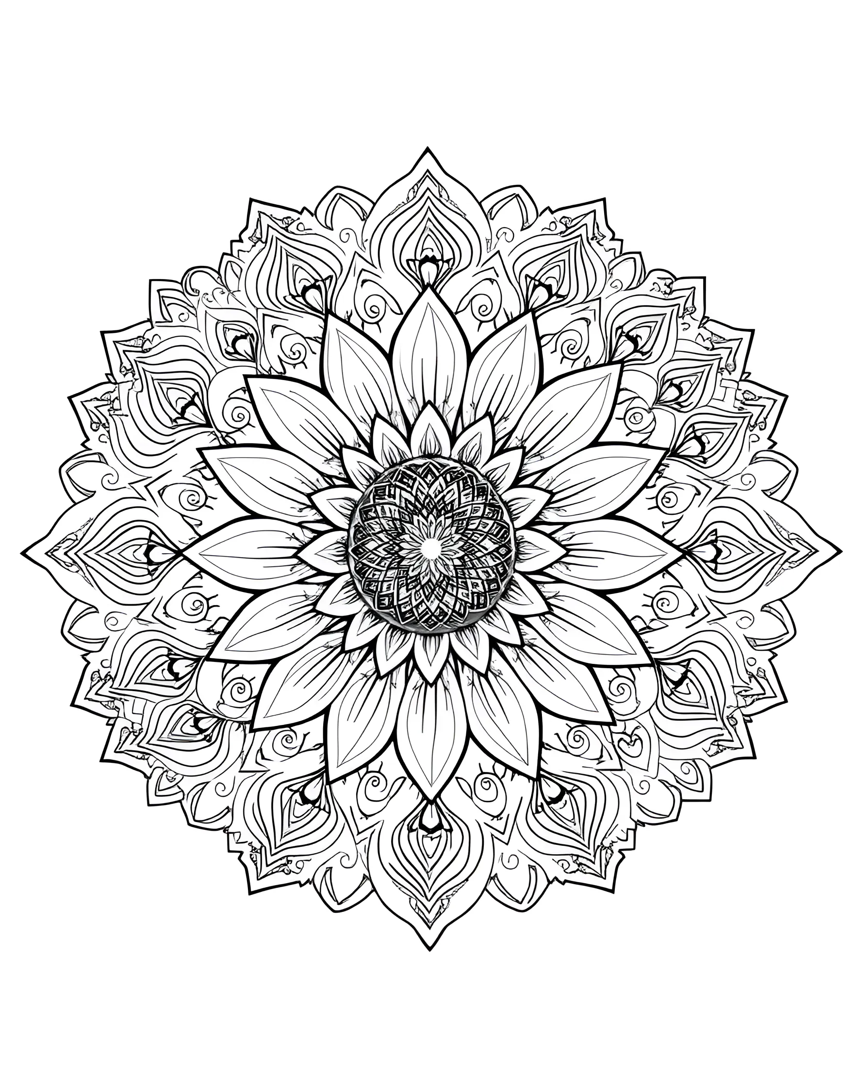 Sunflower Power Mandala Coloring Page -- prompt: "A mandala centered around a large sunflower, with petals and seed patterns forming a radiant, circular design." -- Harness the energy of the sun with this cheerful sunflower mandala. Radiant petals and seed patterns create a bright, circular design. Let the warmth and positivity of sunflowers inspire your color choices.