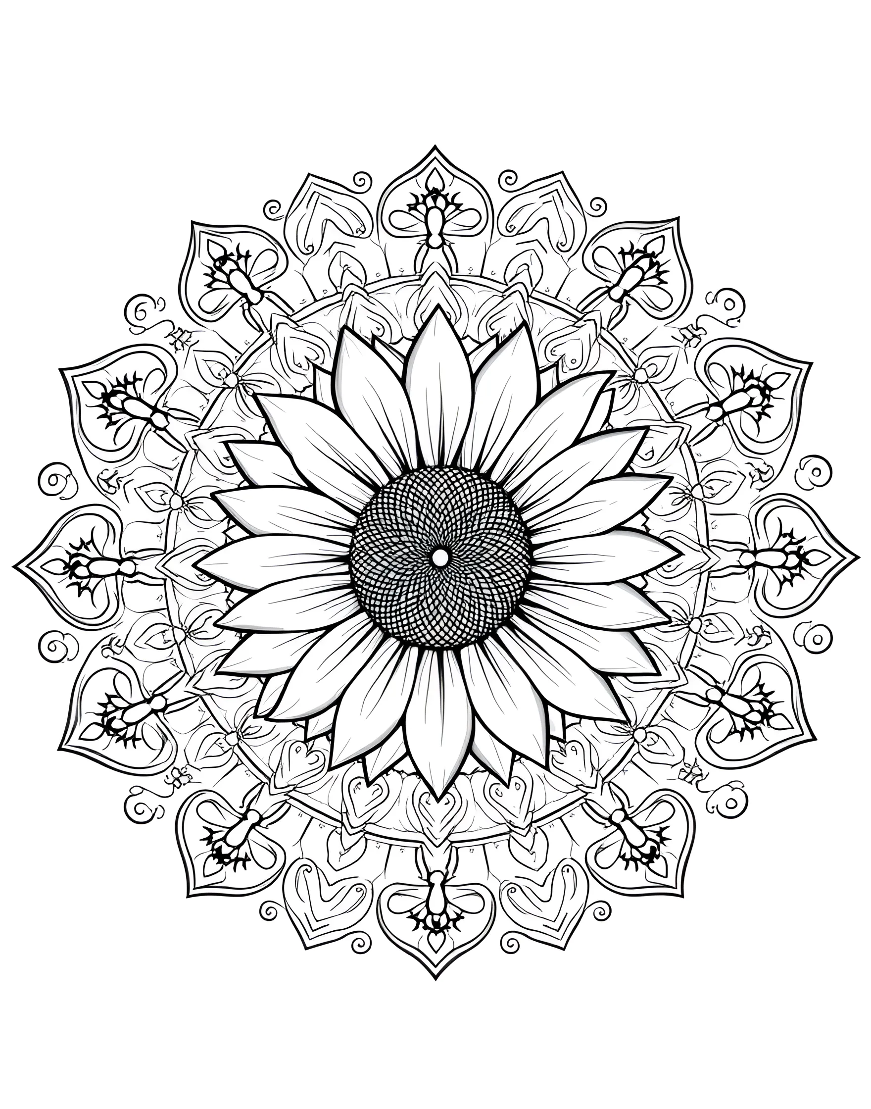 Sunflower Power Mandala Coloring Page -- prompt: "A mandala centered around a large sunflower, with petals and seed patterns forming a radiant, circular design." -- Harness the energy of the sun with this cheerful sunflower mandala. Radiant petals and seed patterns create a bright, circular design. Let the warmth and positivity of sunflowers inspire your color choices.