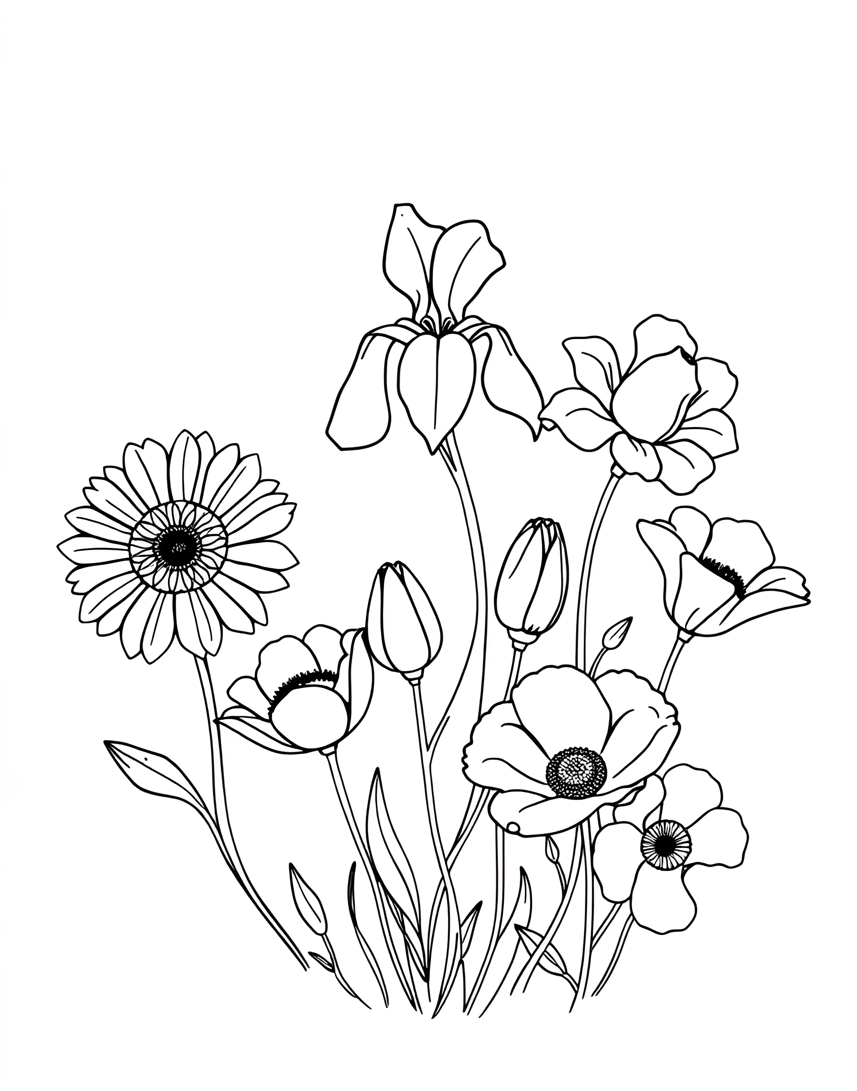 Rainbow Flower Garden Coloring Page -- prompt: "A garden scene with various flowers, each one showcasing a different color of the rainbow." -- Stroll through a whimsical garden filled with rainbow-colored flowers. Each bloom offers a chance to explore different color combinations. This page is ideal for nature lovers and those who enjoy detailed floral designs.