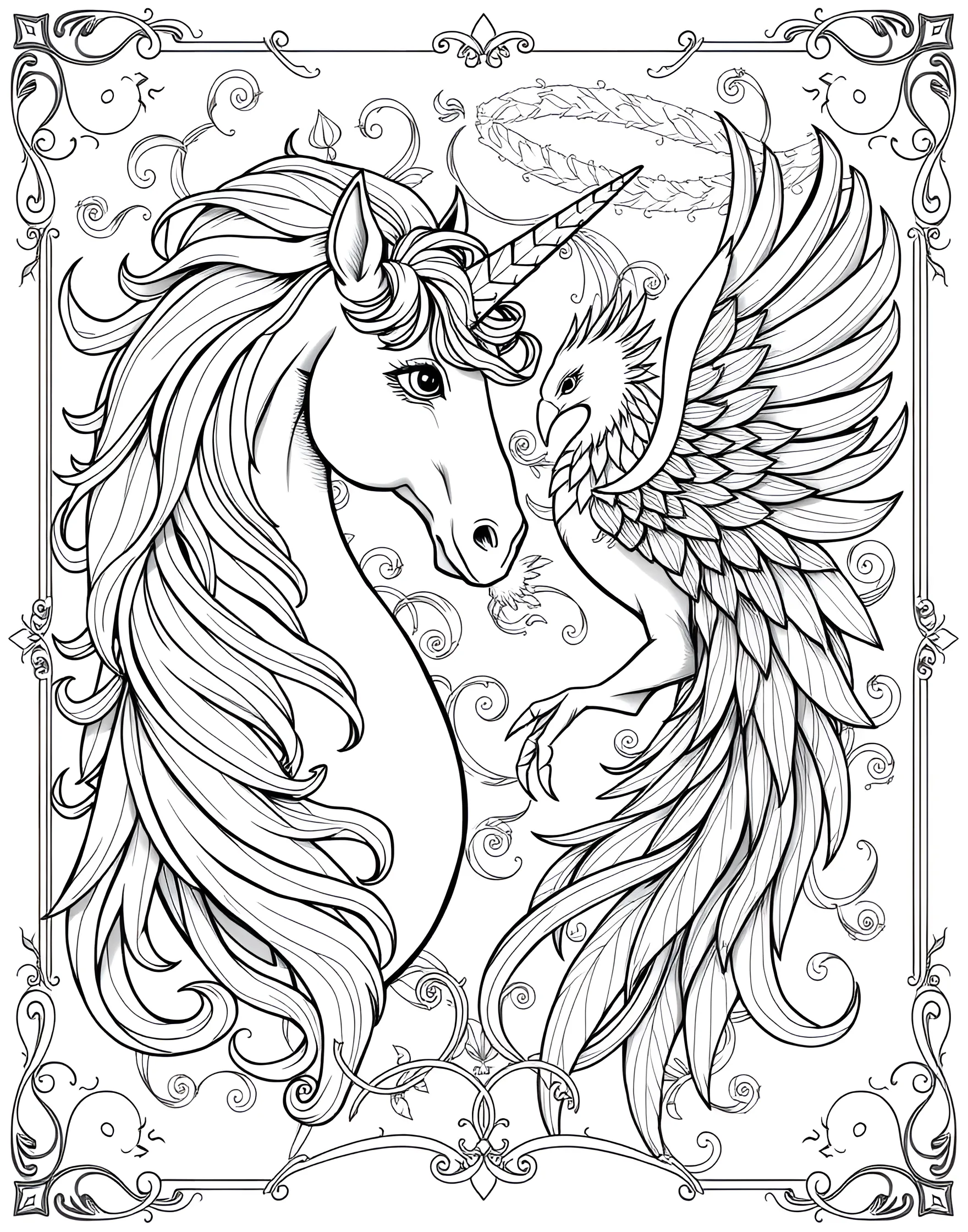 Unicorn and Phoenix Coloring Page -- prompt: "A unicorn and a phoenix facing each other, their magical auras swirling together." -- This epic coloring page brings together two legendary creatures – a unicorn and a phoenix. The unicorn and phoenix are shown facing each other, their magical auras intertwining. It's a powerful image that offers plenty of opportunity for dramatic coloring effects.