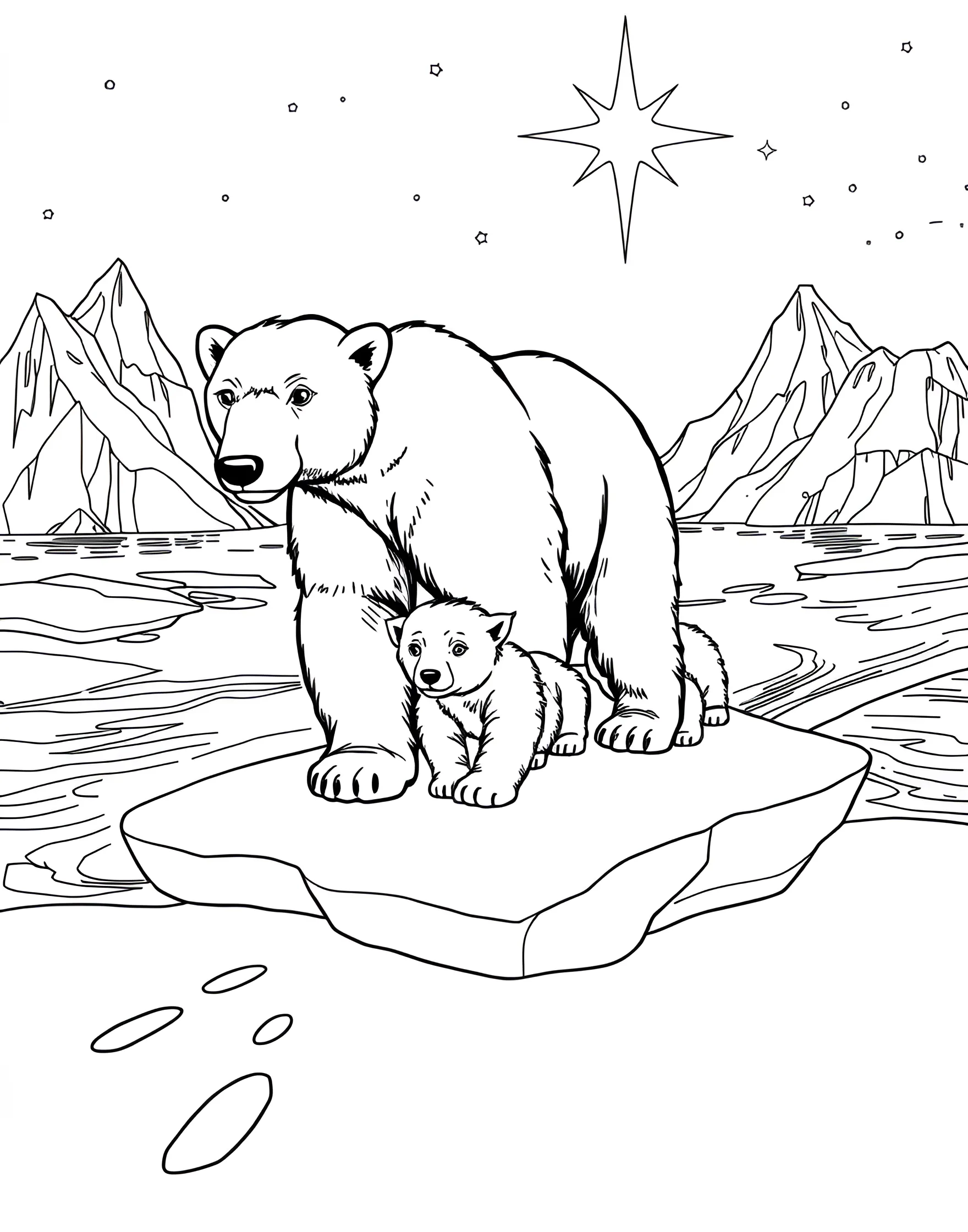 Polar Bear Family on Ice Coloring Page -- prompt: "A mother polar bear with two cubs walking on an ice floe in the Arctic, with icebergs and water visible." -- Chill out with this endearing coloring page featuring a polar bear family. The scene depicts a mother bear with her cubs navigating the Arctic ice, surrounded by snowy landscapes and icy waters. This page provides an excellent opportunity to discuss climate change and Arctic wildlife.