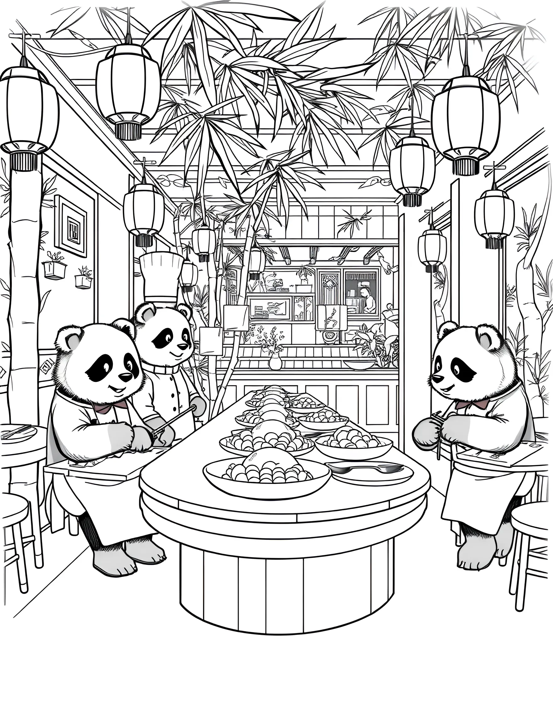 Panda's Bamboo Sushi Restaurant Coloring Page -- prompt: "Pandas preparing and serving bamboo sushi in a restaurant made entirely of bamboo." -- Savor the flavors with pandas in this culinary coloring page. Pandas prepare and serve sushi made with bamboo shoots instead of fish, rolled in large bamboo leaves. The restaurant features bamboo tables, chairs, and even chopsticks for an authentic dining experience.