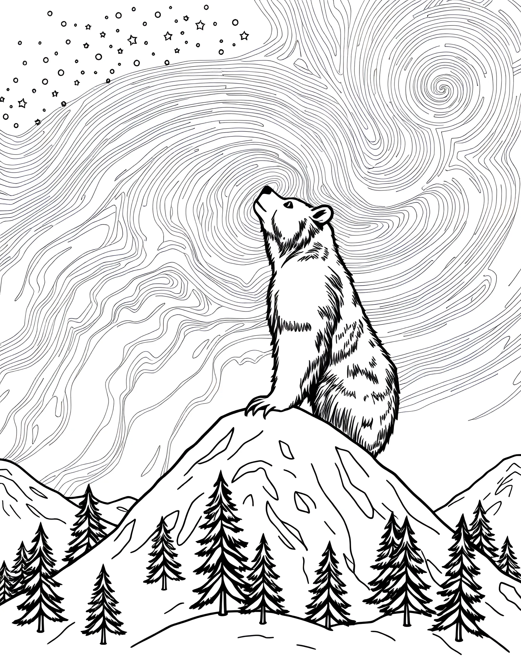 Bear Gazing at Northern Lights Coloring Page -- prompt: "A bear standing on a snowy hill, looking up at the Northern Lights in the night sky." -- Experience the wonder of nature with this awe-inspiring coloring page featuring a bear gazing at the Northern Lights. The bear stands on a snowy hill, looking up at the colorful aurora borealis dancing across the night sky. This magical scene combines the majesty of bears with the beauty of natural phenomena.