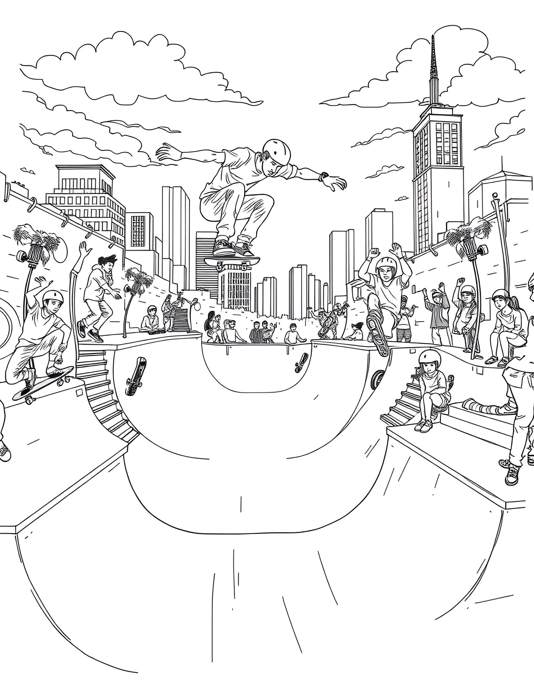 Summertime Skateboard Park Coloring Page -- prompt: "Skateboarders performing tricks in a bustling skate park with various ramps and obstacles." -- Ride into summer fun with this dynamic skateboard park scene. Skateboarders of all ages perform tricks on ramps, rails, and half-pipes. This page captures the energy and excitement of summer skateboarding culture.