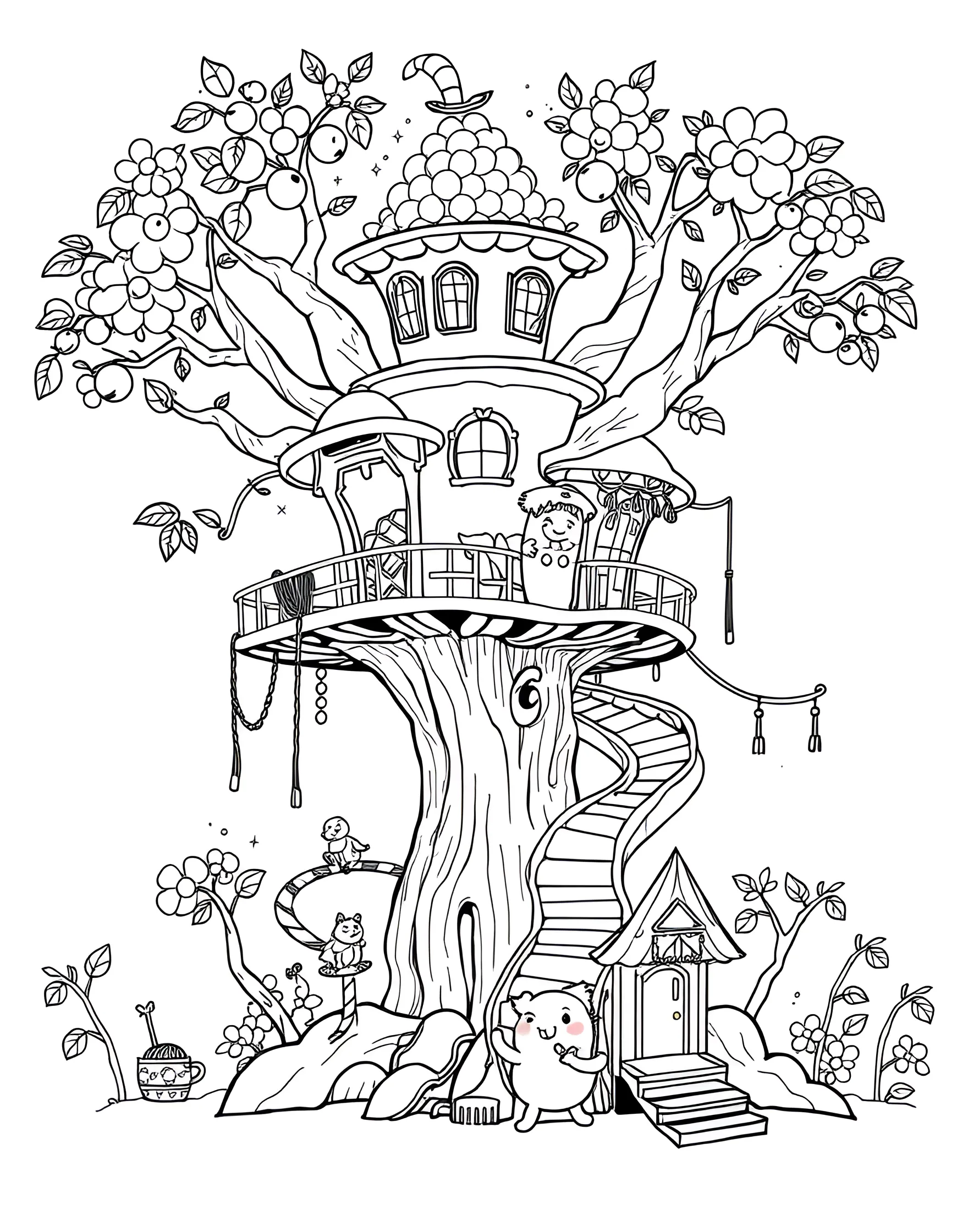 Boba Drink Tree House Coloring Page -- prompt: "A tree house made of oversized boba cups and straws, with a tapioca pearl slide and kids playing." -- Climb up to this whimsical boba drink tree house in this delightful coloring page. The tree house is constructed from giant boba cups and straws, with a slide made of tapioca pearls. Kids are shown playing in and around the tree house, enjoying their boba drinks in this fantastical setting.