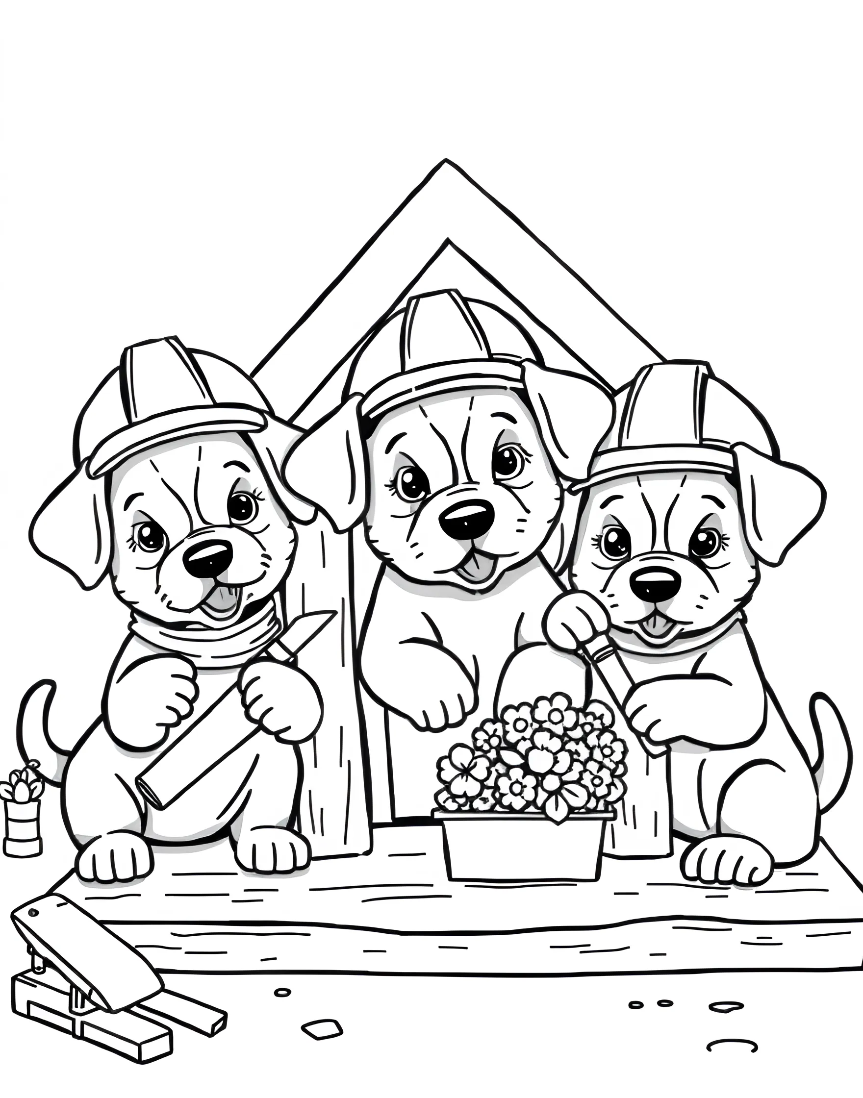 Puppy's Doghouse Building Project Coloring Page -- prompt: "Cute puppies building and decorating doghouses with tools and construction materials." -- Join the construction fun with this adorable coloring page showcasing puppies building their dream doghouses. The scene depicts puppies wearing hard hats, using tools, and working together to create unique and whimsical doghouses. It's a heartwarming and cute illustration of puppy teamwork and creativity.