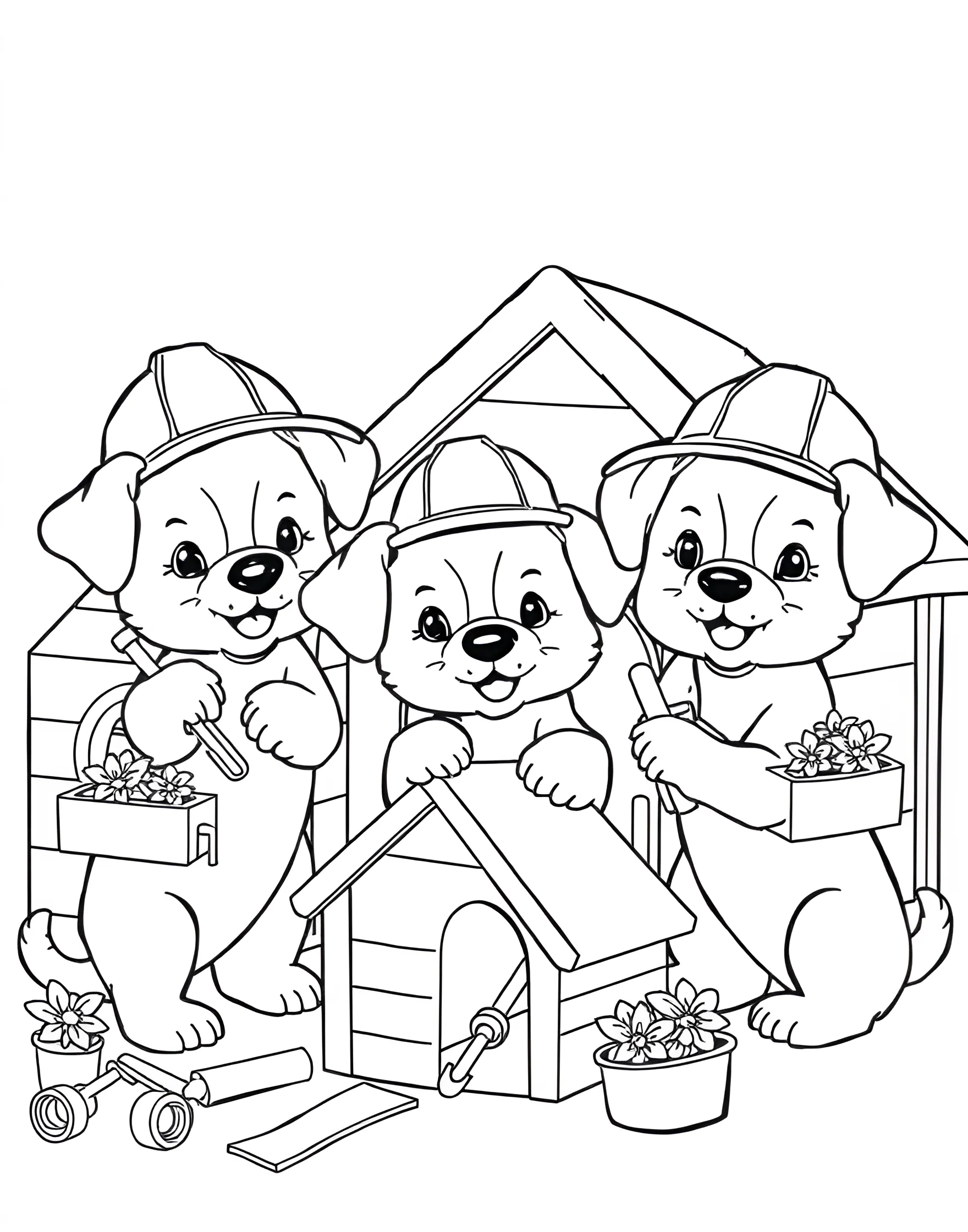 Puppy's Doghouse Building Project Coloring Page -- prompt: "Cute puppies building and decorating doghouses with tools and construction materials." -- Join the construction fun with this adorable coloring page showcasing puppies building their dream doghouses. The scene depicts puppies wearing hard hats, using tools, and working together to create unique and whimsical doghouses. It's a heartwarming and cute illustration of puppy teamwork and creativity.