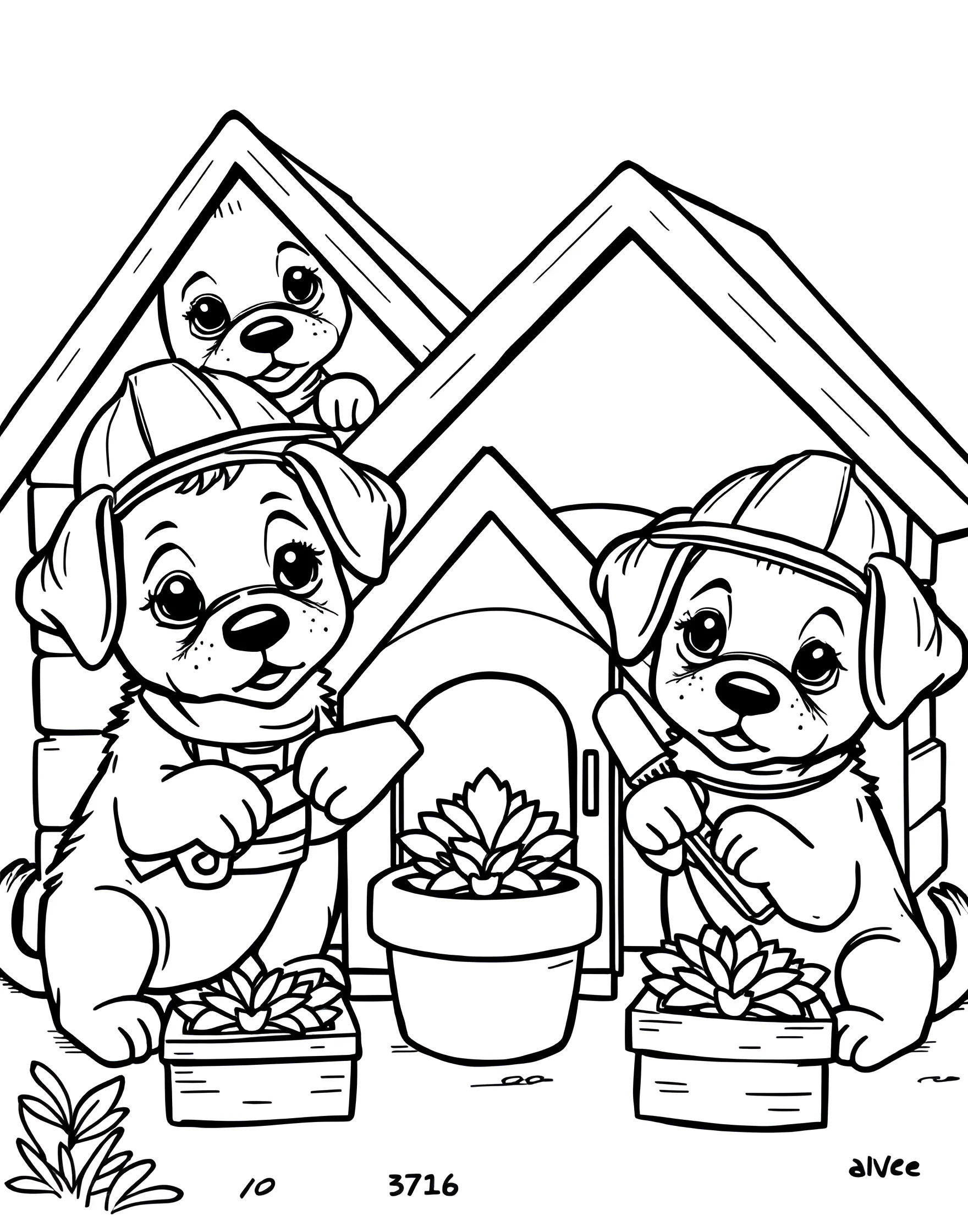 Puppy's Doghouse Building Project Coloring Page -- prompt: "Cute puppies building and decorating doghouses with tools and construction materials." -- Join the construction fun with this adorable coloring page showcasing puppies building their dream doghouses. The scene depicts puppies wearing hard hats, using tools, and working together to create unique and whimsical doghouses. It's a heartwarming and cute illustration of puppy teamwork and creativity.