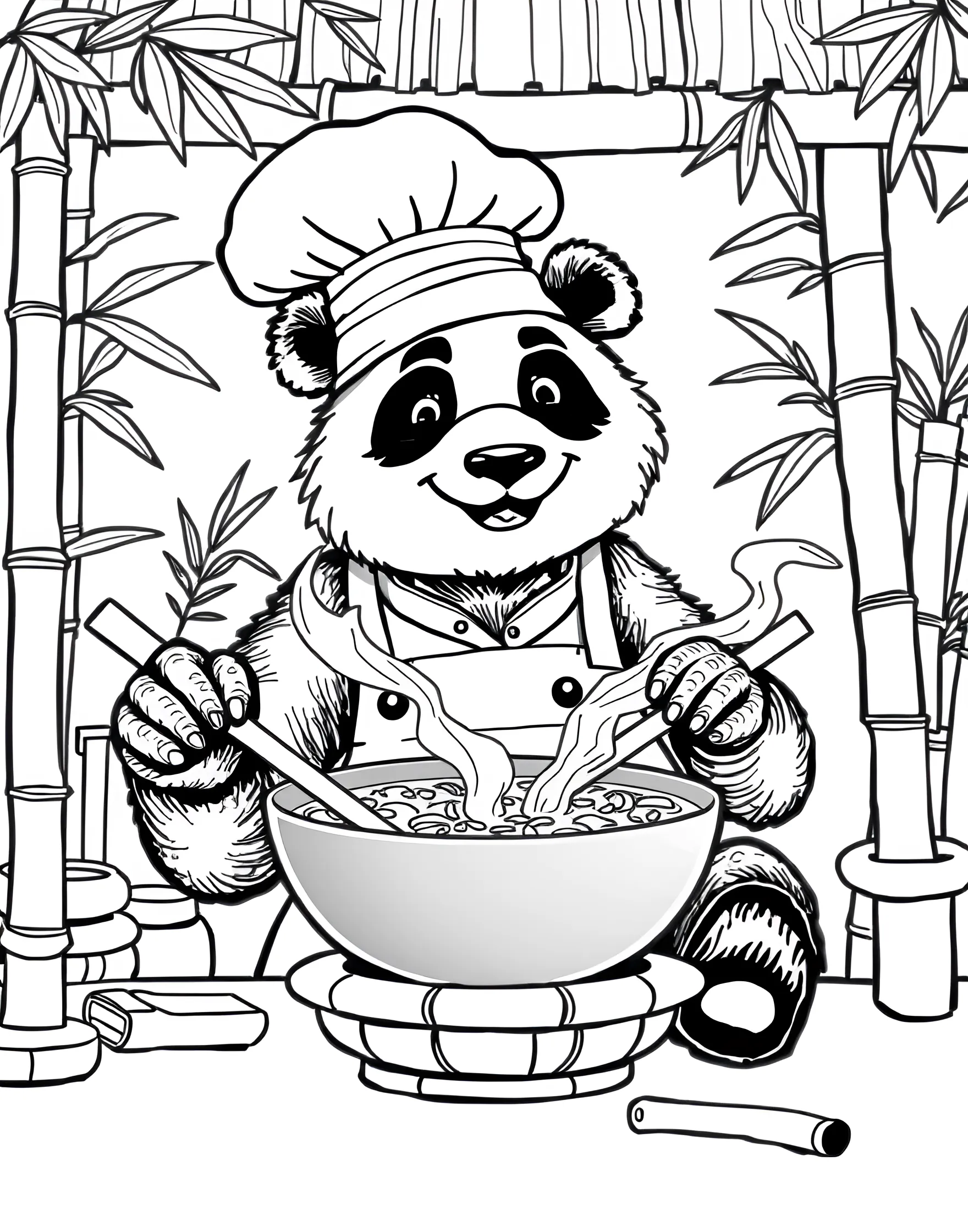 Panda Chef's Bamboo Kitchen Coloring Page -- prompt: "A panda in a chef's hat cooking bamboo soup in a kitchen made of bamboo stalks and leaves." -- Explore the culinary world of pandas with this whimsical coloring page. A panda wearing a chef's hat stirs a large pot filled with bamboo soup. The kitchen is creatively crafted from bamboo stalks and leaves, with utensils and a stove made from natural elements.