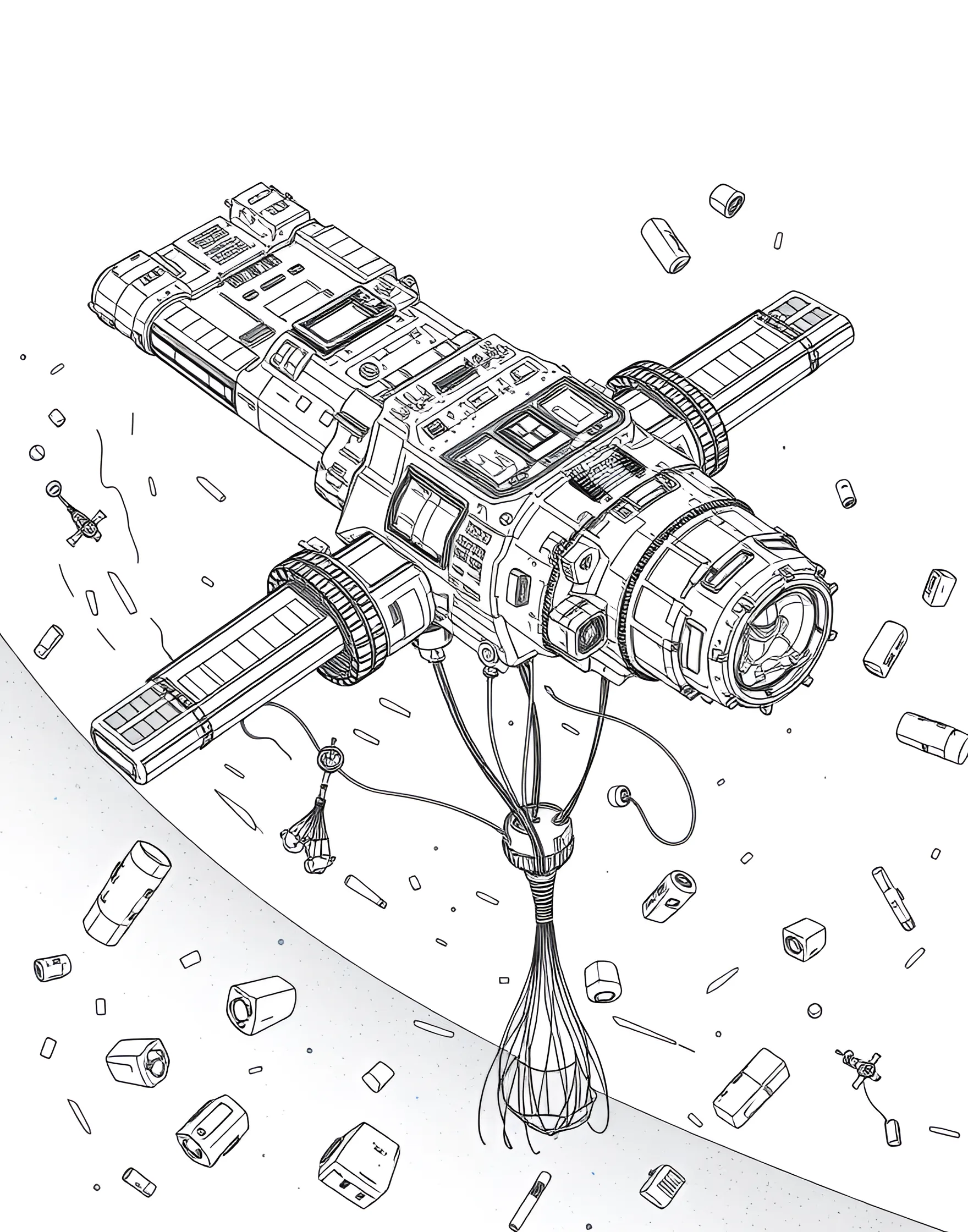 Space Junk Clean-up Mission Coloring Page -- prompt: "A spacecraft in Earth orbit using various tools to collect and clean up space debris floating around the planet." -- Address a real-world space challenge with this space junk clean-up coloring page. The scene shows a specialized spacecraft using nets, lasers, or robotic arms to collect debris orbiting Earth. This page raises awareness about the issue of space debris and the efforts to maintain a clean orbital environment.