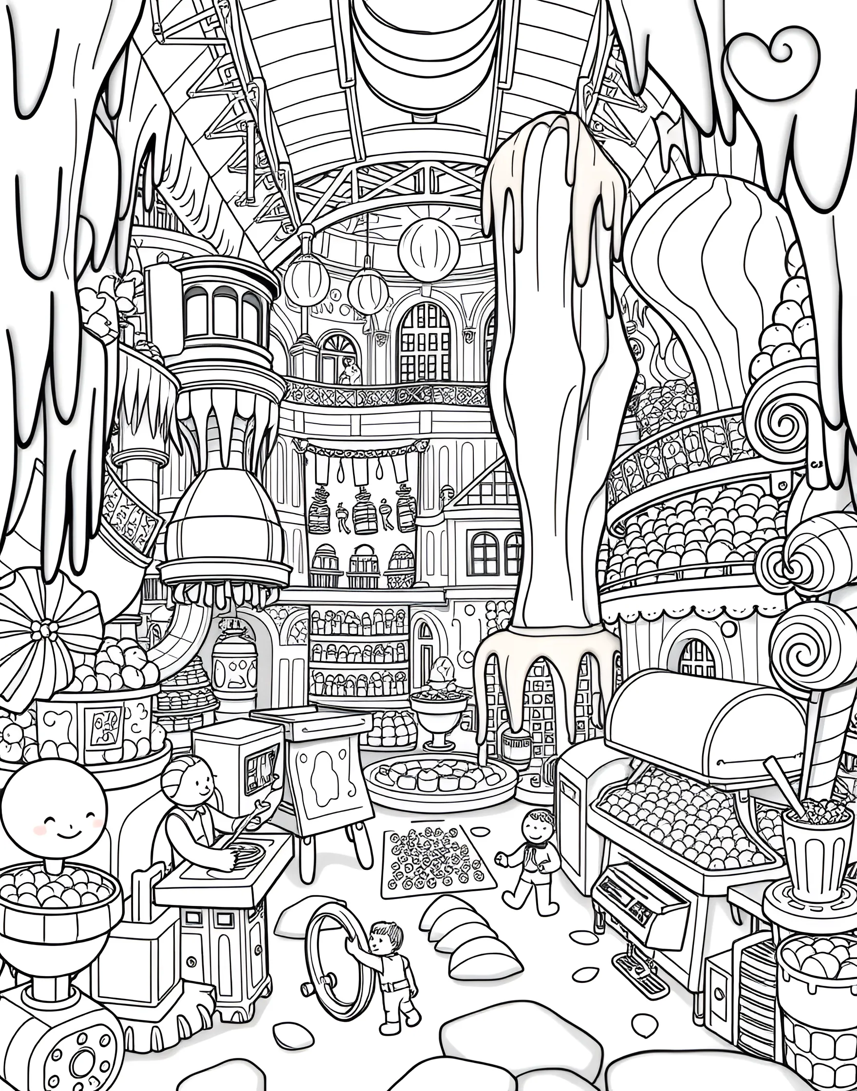 Chocolate Factory Fantasy Coloring Page -- prompt: "A fantastical chocolate factory interior with various chocolate products and candy-making machines." -- Indulge your sweet tooth with this whimsical chocolate factory coloring page. The scene is filled with chocolate bars, truffles, and confectionery machines. It's a delightful way to explore different shades of brown and create a mouthwatering masterpiece.