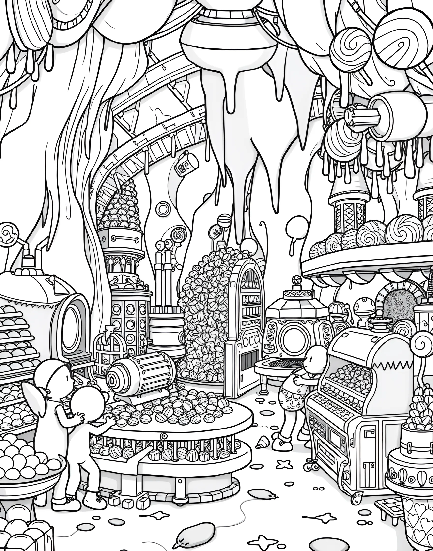 Chocolate Factory Fantasy Coloring Page -- prompt: "A fantastical chocolate factory interior with various chocolate products and candy-making machines." -- Indulge your sweet tooth with this whimsical chocolate factory coloring page. The scene is filled with chocolate bars, truffles, and confectionery machines. It's a delightful way to explore different shades of brown and create a mouthwatering masterpiece.