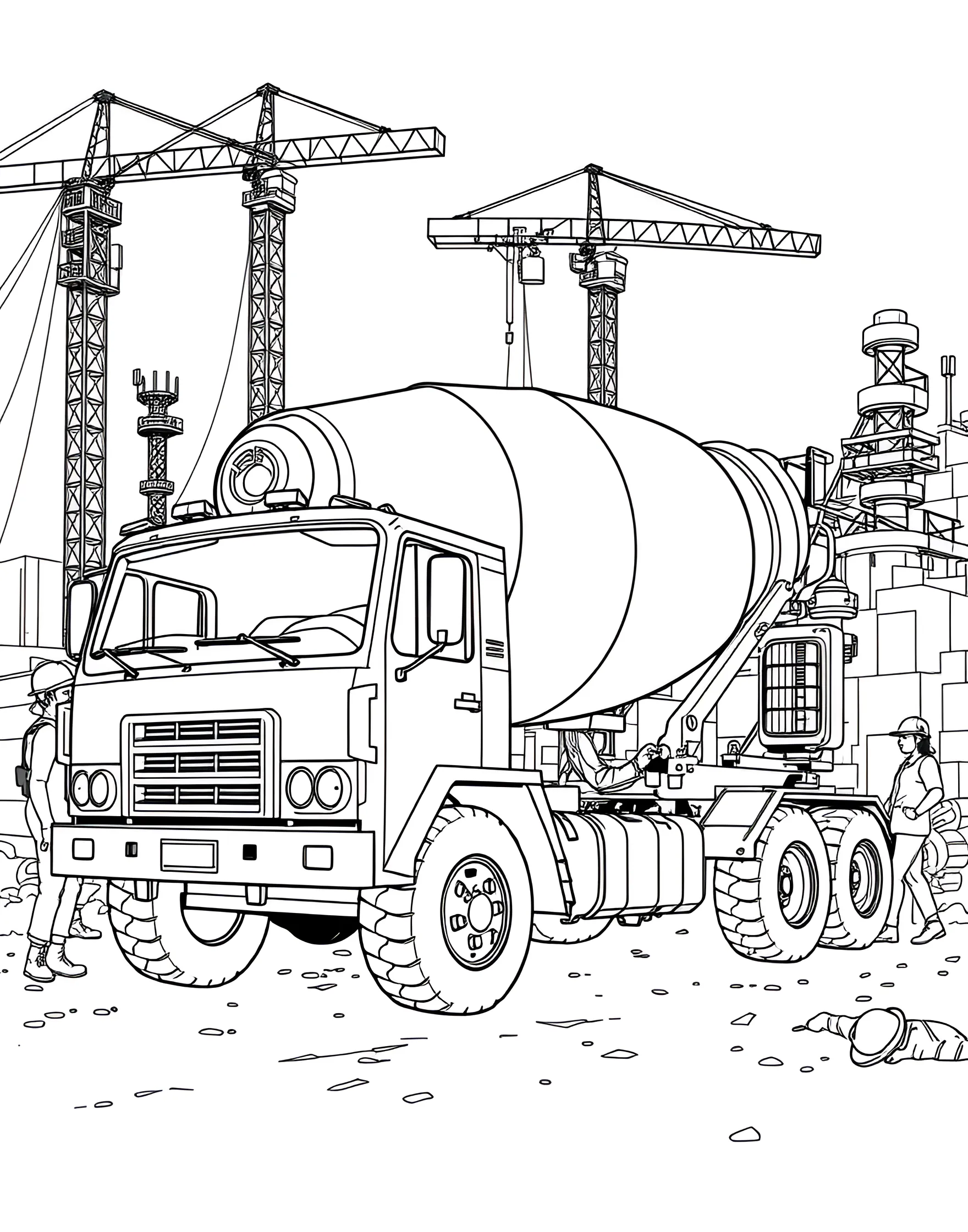 Cement Mixer at Work Coloring Page -- prompt: "A cement mixer truck pouring concrete at an active construction site." -- Watch the world being built with this Cement Mixer at Work coloring page! The robust cement truck is shown pouring its mixture at a construction site, helping to create strong foundations. This page provides an excellent opportunity to discuss how things are built and the importance of teamwork in construction projects.