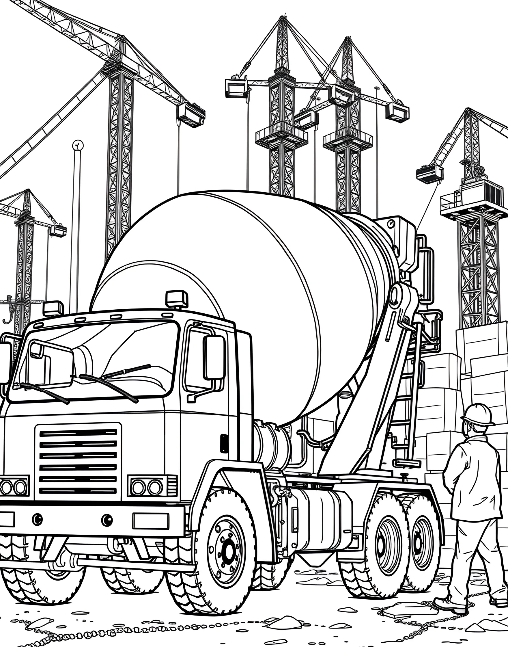 Cement Mixer at Work Coloring Page -- prompt: "A cement mixer truck pouring concrete at an active construction site." -- Watch the world being built with this Cement Mixer at Work coloring page! The robust cement truck is shown pouring its mixture at a construction site, helping to create strong foundations. This page provides an excellent opportunity to discuss how things are built and the importance of teamwork in construction projects.