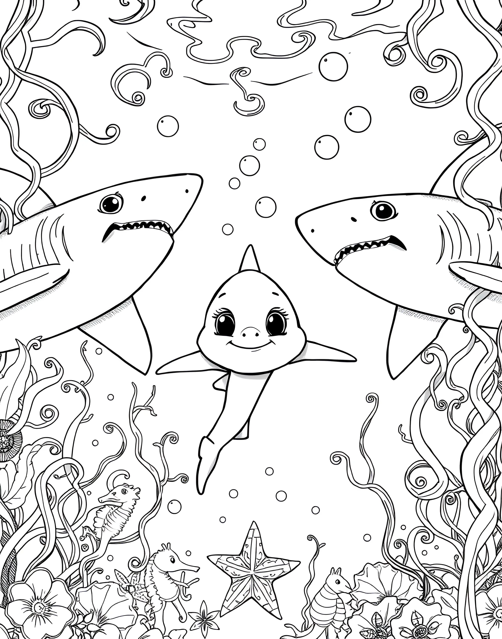 Baby Shark Family Coloring Page -- prompt: "A baby shark swimming between two adult sharks, surrounded by bubbles and seaweed in an underwater scene." -- Delight in this adorable scene of a baby shark swimming with its parents. The coloring page shows a playful family moment under the sea, complete with bubbles and seaweed. It's a great way to introduce young children to marine life and family bonds in the animal kingdom.