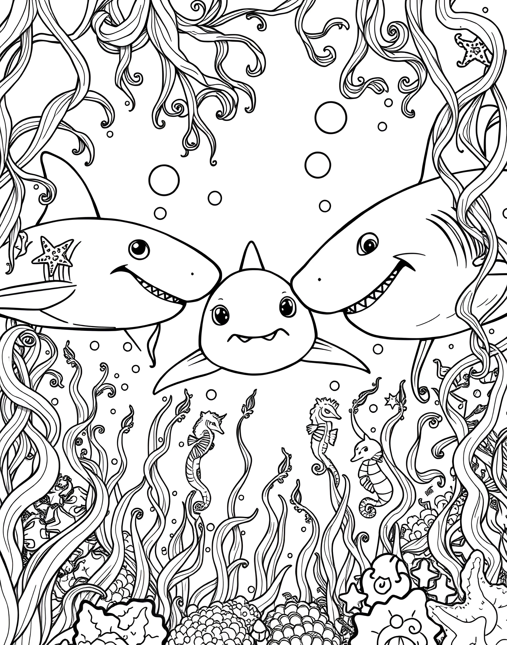 Baby Shark Family Coloring Page -- prompt: "A baby shark swimming between two adult sharks, surrounded by bubbles and seaweed in an underwater scene." -- Delight in this adorable scene of a baby shark swimming with its parents. The coloring page shows a playful family moment under the sea, complete with bubbles and seaweed. It's a great way to introduce young children to marine life and family bonds in the animal kingdom.