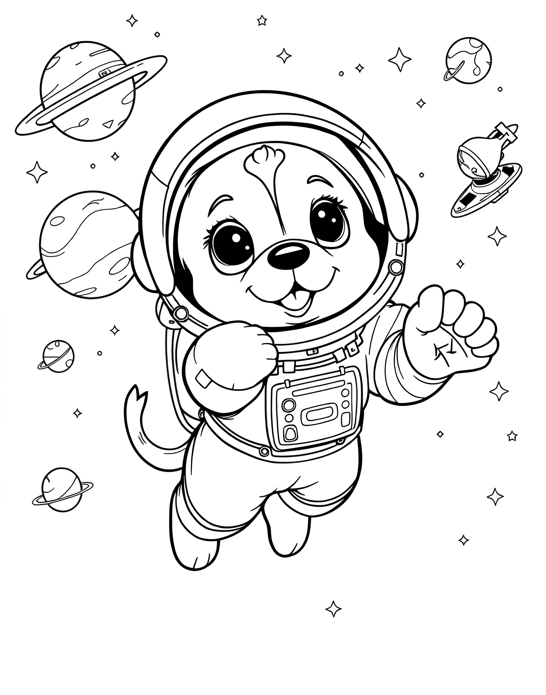 Puppy's Space Explorer Coloring Page -- prompt: "A puppy wearing a spacesuit, floating in space with stars, planets, and a spaceship in the background." -- This out-of-this-world coloring page features a puppy as a space explorer. The pup is wearing a small spacesuit and floating in zero gravity, surrounded by stars and planets. It's a fantastical scene that combines cute puppies with the excitement of space exploration.