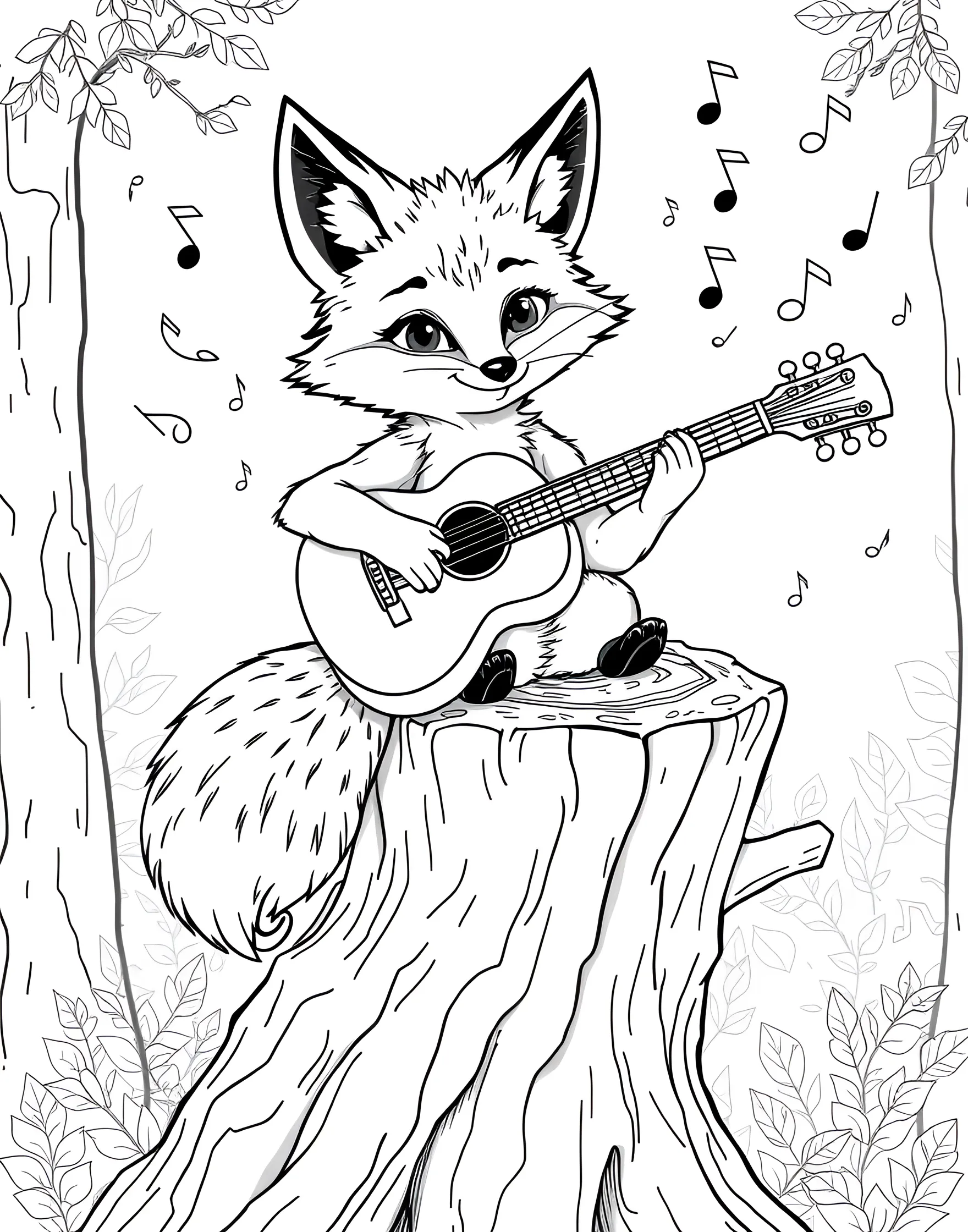 Fox Musician Playing a Guitar Coloring Page -- prompt: "A fox playing a guitar while sitting on a tree stump with musical notes floating around." -- Celebrate the love of music with this melodious coloring page featuring a fox strumming a guitar. The fox is seated on a tree stump, surrounded by musical notes and forest creatures enjoying the performance. This page is ideal for music lovers and those who enjoy creating a harmonious color palette.