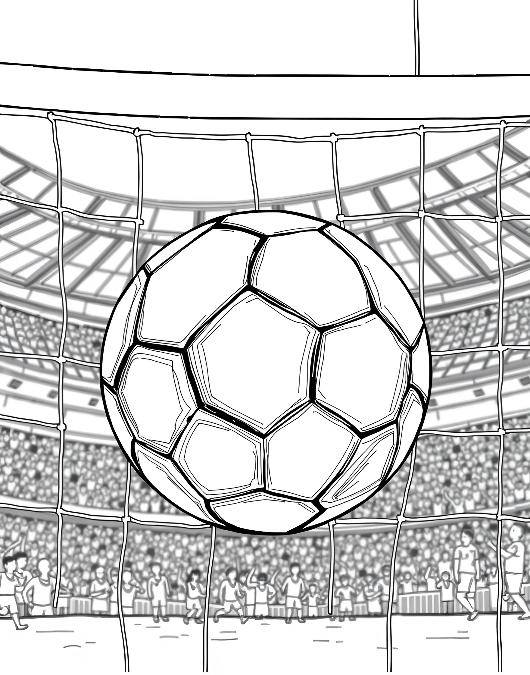 Soccer Ball in Net Close-up Coloring Page -- prompt: "A close-up view of a soccer ball resting in the back of a goal net." -- This detailed coloring page focuses on a soccer ball nestled in the back of the net. The close-up view shows the texture of the net and the panels of the ball. It's a great page for those who enjoy coloring intricate patterns and textures.