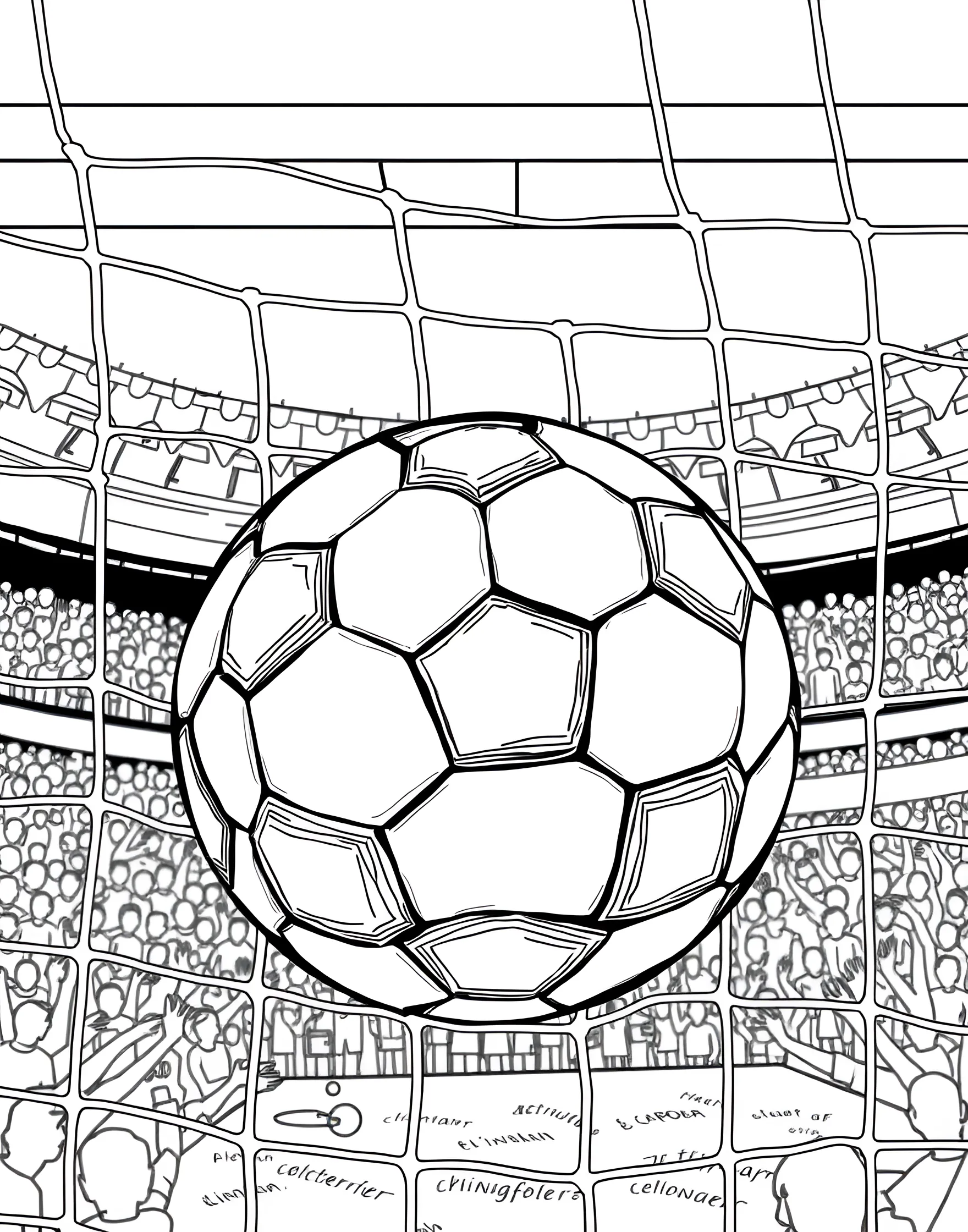 Soccer Ball in Net Close-up Coloring Page -- prompt: "A close-up view of a soccer ball resting in the back of a goal net." -- This detailed coloring page focuses on a soccer ball nestled in the back of the net. The close-up view shows the texture of the net and the panels of the ball. It's a great page for those who enjoy coloring intricate patterns and textures.