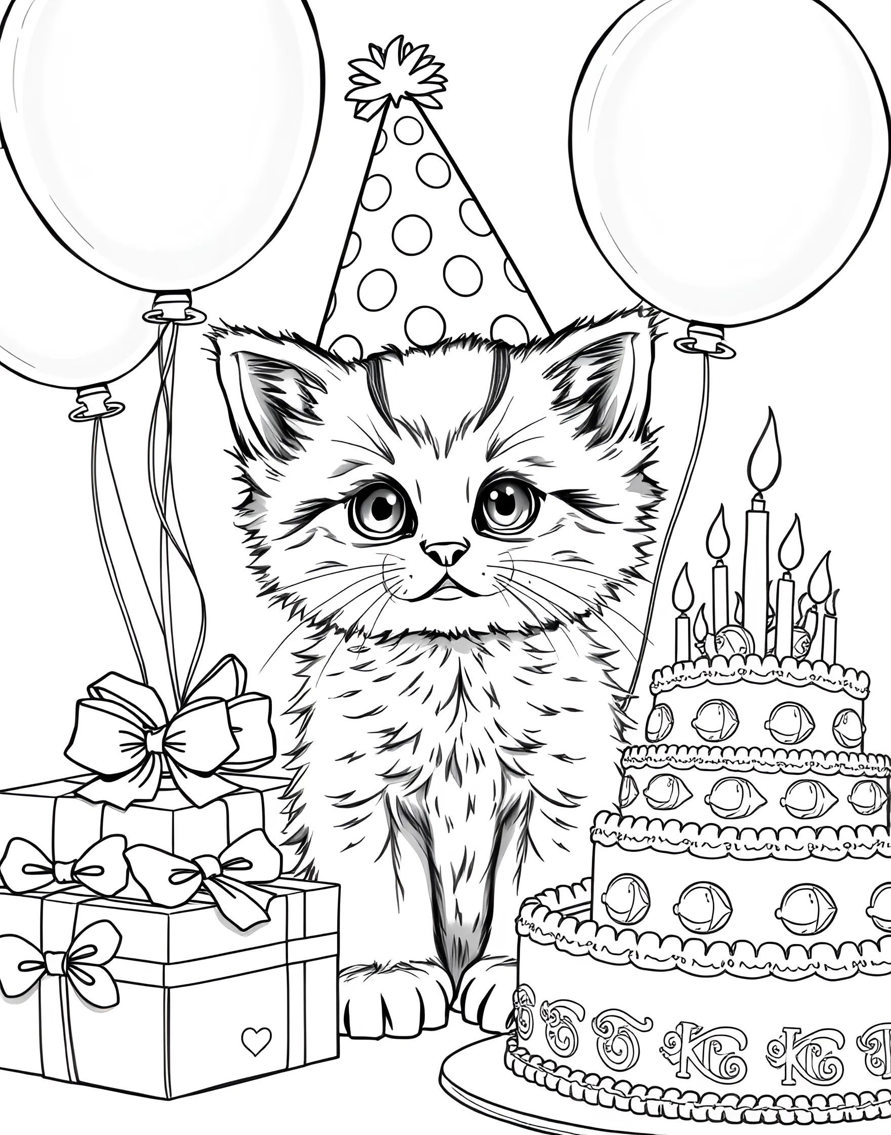 Kitten's Birthday Party Coloring Page -- prompt: "A kitten wearing a party hat, surrounded by balloons, presents, and a birthday cake." -- Join the celebration with this festive kitten birthday party coloring page. A happy kitten wearing a party hat is surrounded by balloons, presents, and a birthday cake. This joyful scene is perfect for birthdays or any day that needs a touch of excitement.