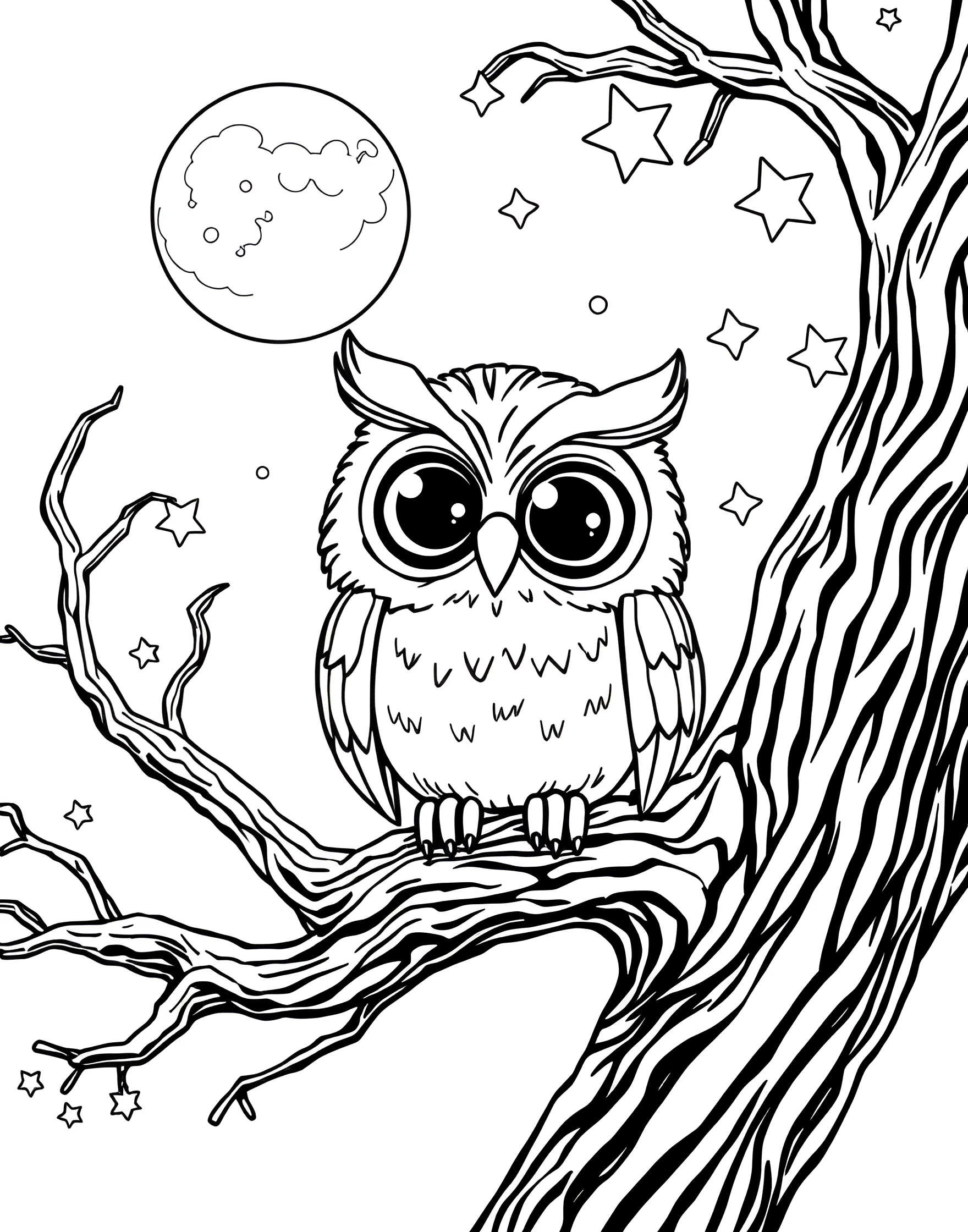 Cozy Owl Perched on a Moonlit Branch Coloring Page -- prompt: "A cartoon owl with big eyes sitting on a tree branch at night with a full moon and stars in the background." -- This enchanting coloring page features a wise owl perched on a branch against a starry night sky. The owl's large, round eyes and feathered tufts are beautifully detailed. This page offers a wonderful opportunity to explore a nighttime color palette.