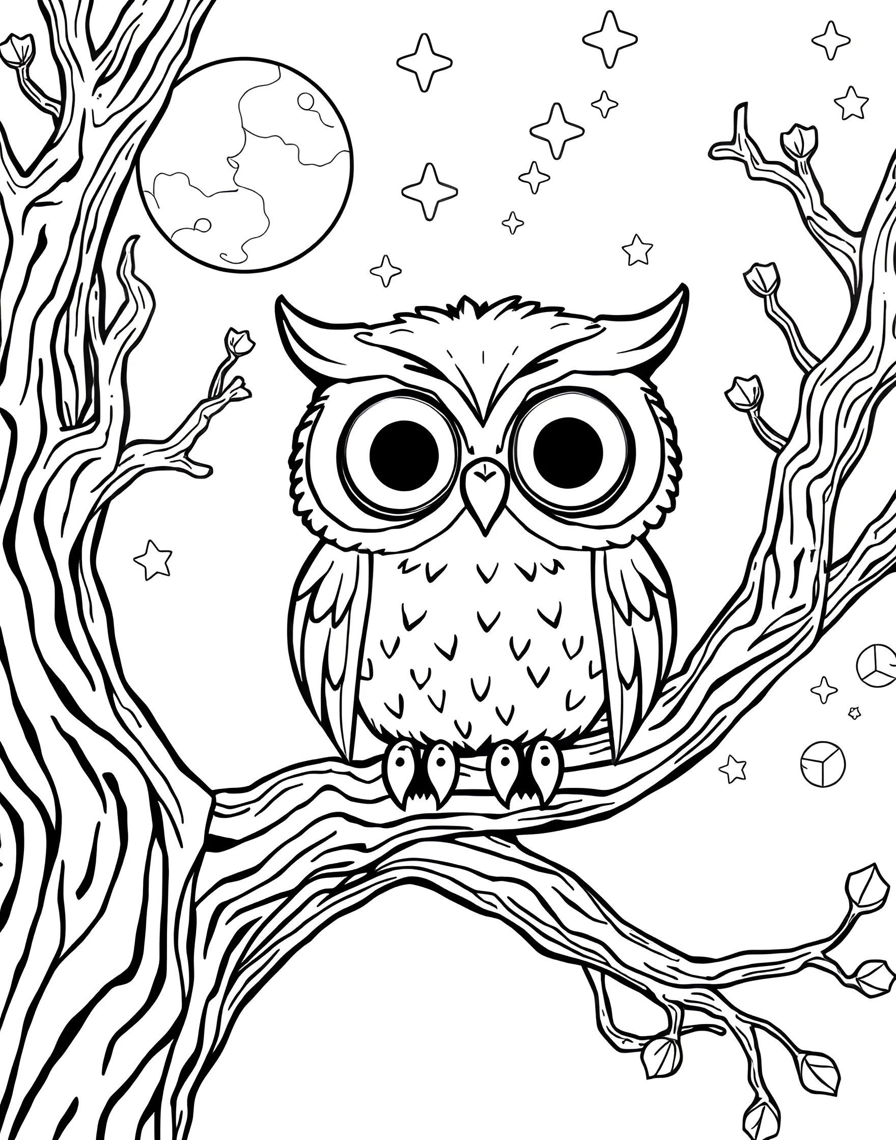 Cozy Owl Perched on a Moonlit Branch Coloring Page -- prompt: "A cartoon owl with big eyes sitting on a tree branch at night with a full moon and stars in the background." -- This enchanting coloring page features a wise owl perched on a branch against a starry night sky. The owl's large, round eyes and feathered tufts are beautifully detailed. This page offers a wonderful opportunity to explore a nighttime color palette.