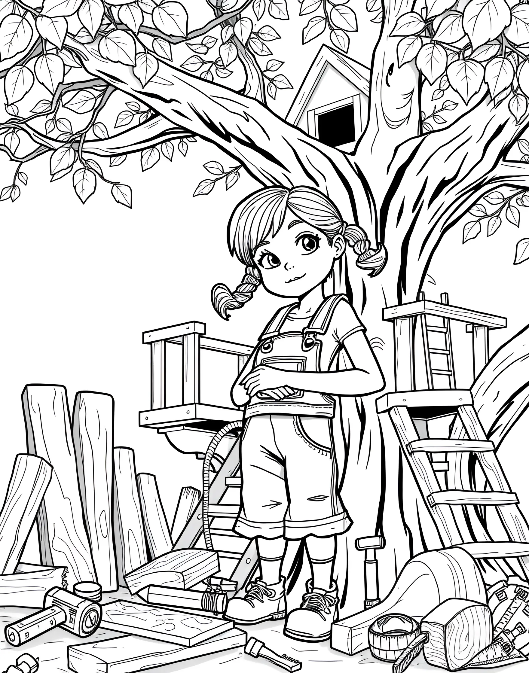 Girl Carpenter Building a Treehouse Coloring Page -- prompt: "A girl carpenter building a treehouse in a large tree, surrounded by tools and wood planks." -- Get creative with this coloring page of a girl carpenter. She's shown building an amazing treehouse, surrounded by tools and wood. This page celebrates hands-on skills and the joy of creating something from scratch.