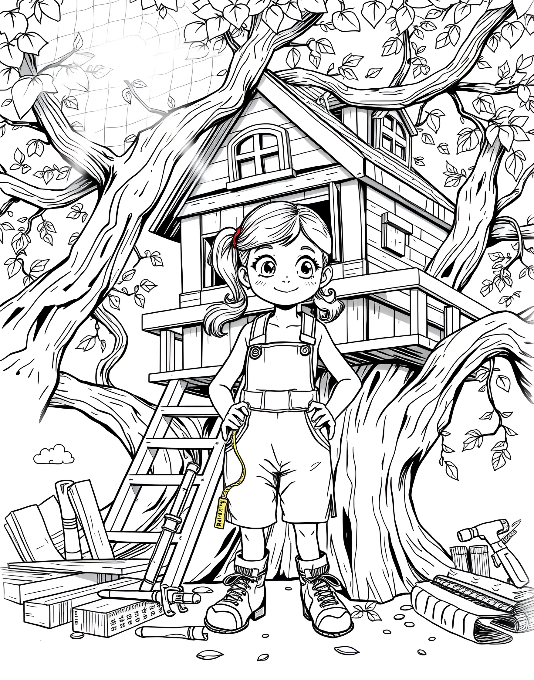 Girl Carpenter Building a Treehouse Coloring Page -- prompt: "A girl carpenter building a treehouse in a large tree, surrounded by tools and wood planks." -- Get creative with this coloring page of a girl carpenter. She's shown building an amazing treehouse, surrounded by tools and wood. This page celebrates hands-on skills and the joy of creating something from scratch.