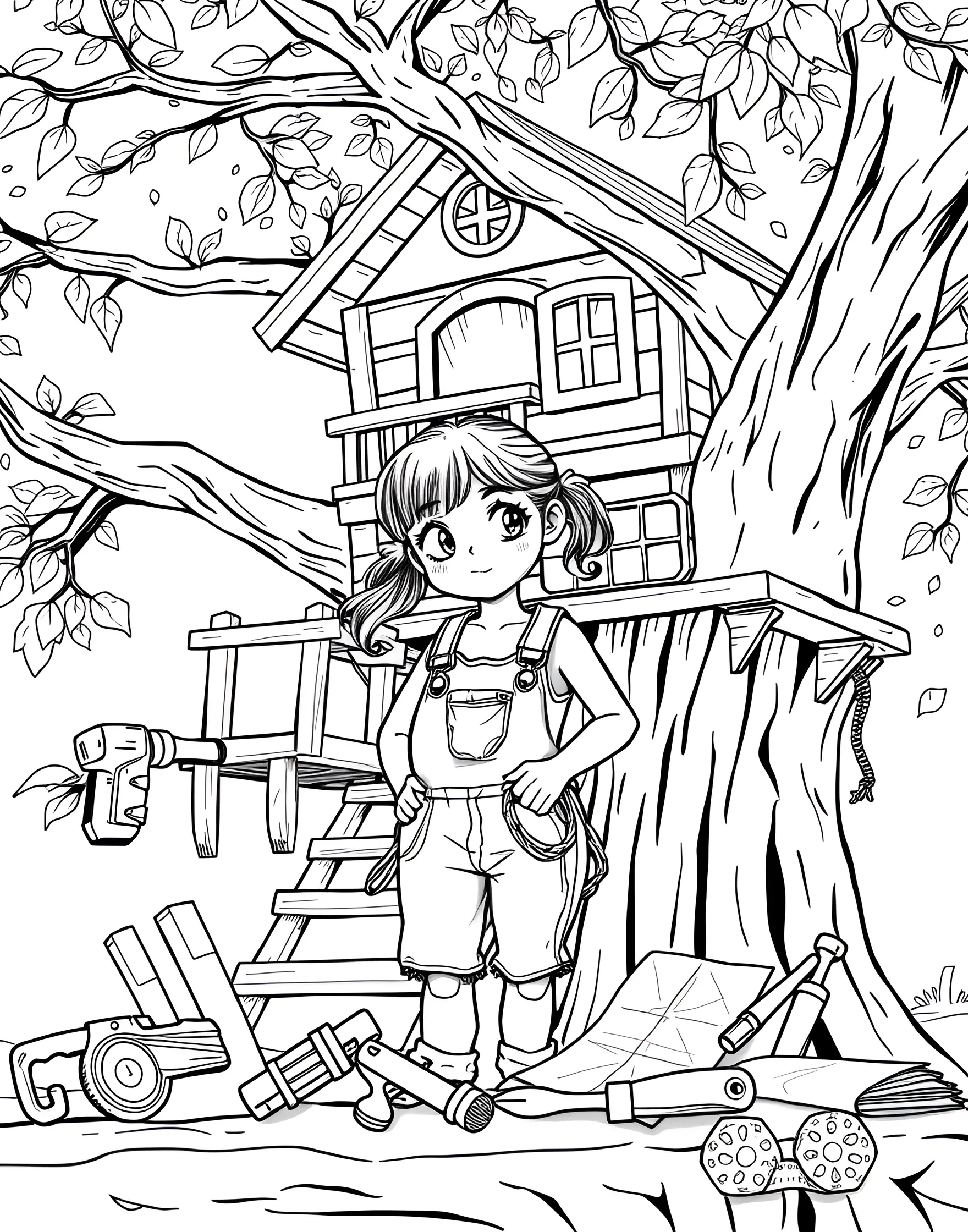 Girl Carpenter Building a Treehouse Coloring Page -- prompt: "A girl carpenter building a treehouse in a large tree, surrounded by tools and wood planks." -- Get creative with this coloring page of a girl carpenter. She's shown building an amazing treehouse, surrounded by tools and wood. This page celebrates hands-on skills and the joy of creating something from scratch.