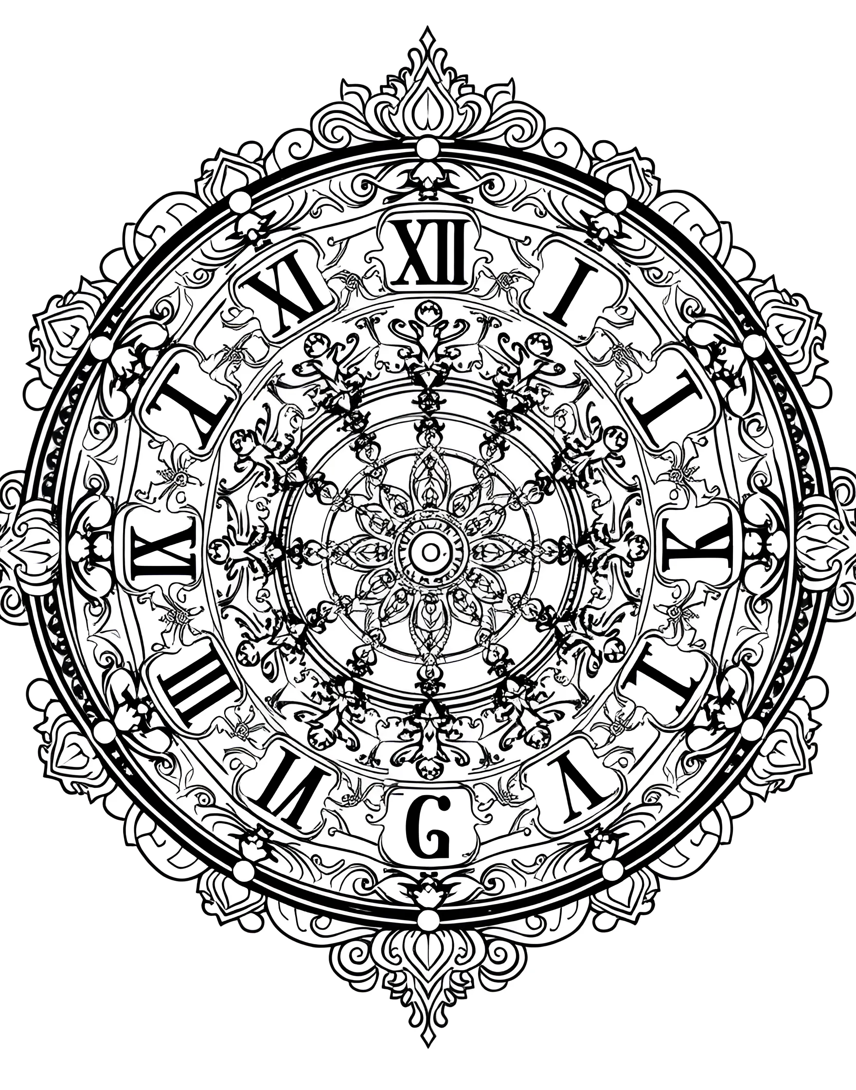 Antique Clock Face Mandala Coloring Page -- prompt: "A circular mandala based on an antique clock face, featuring ornate hands, Roman numerals, and vintage decorative elements." -- Travel through time with this clock-inspired mandala. Roman numerals, ornate hands, and vintage details form an elegant circular design. As you color, reflect on the passage of time and the beauty of bygone eras.