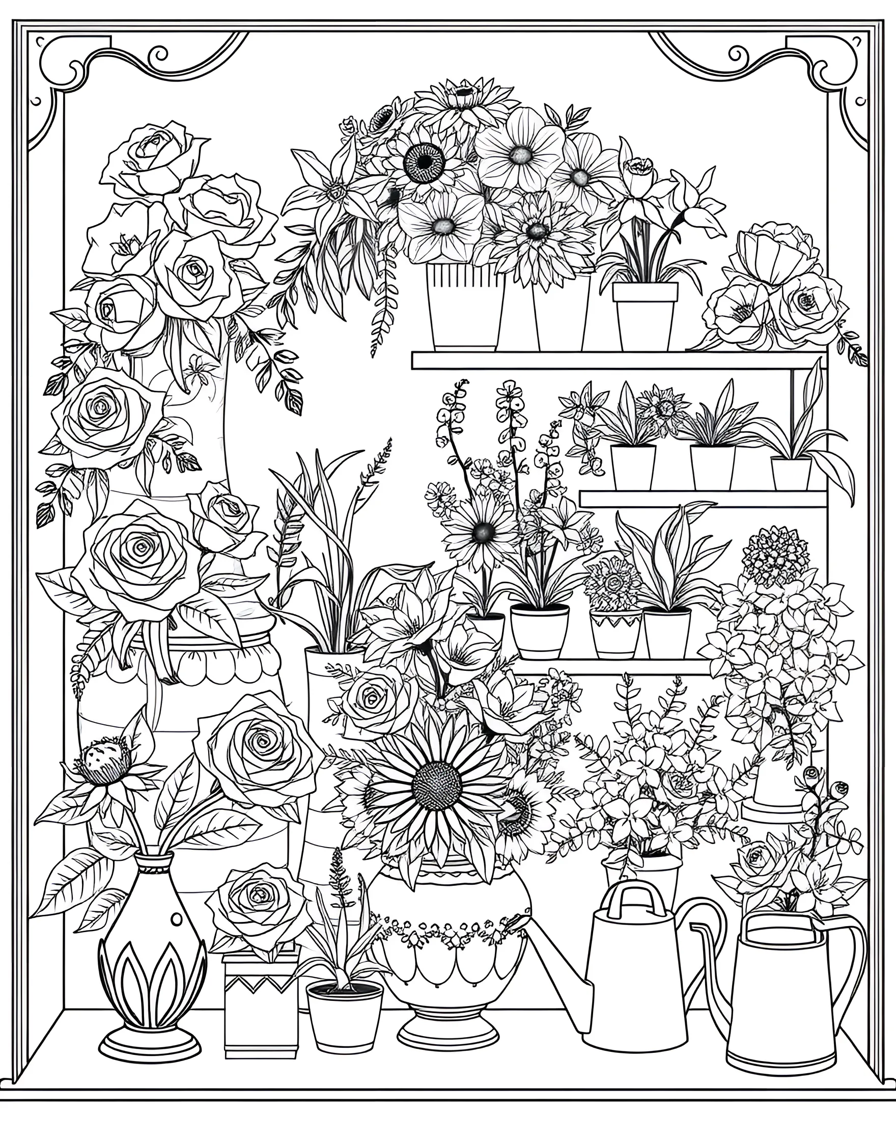 Charming Flower Shop Window Coloring Page -- prompt: "A flower shop window display with various bouquets, potted plants, and floral arrangements." -- Step into a world of floral delight with this charming flower shop window coloring page. A variety of bouquets and potted plants create an inviting display. This page is ideal for those who love the idea of urban flower markets and enjoy coloring diverse floral arrangements.