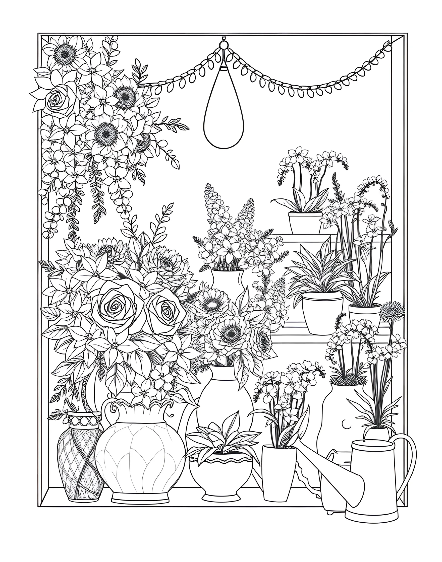 Charming Flower Shop Window Coloring Page -- prompt: "A flower shop window display with various bouquets, potted plants, and floral arrangements." -- Step into a world of floral delight with this charming flower shop window coloring page. A variety of bouquets and potted plants create an inviting display. This page is ideal for those who love the idea of urban flower markets and enjoy coloring diverse floral arrangements.