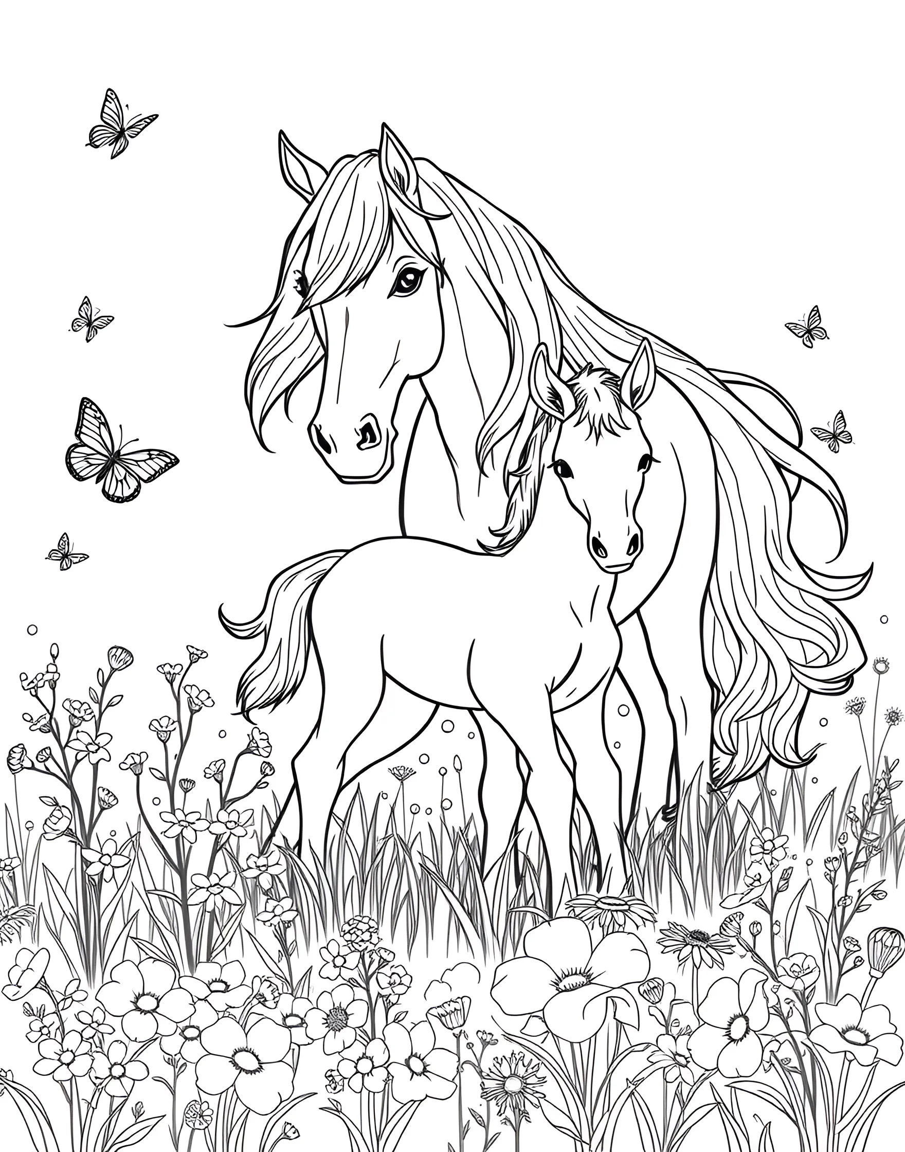 Horse and Foal in a Spring Meadow Coloring Page -- prompt: "A horse and foal standing in a spring meadow filled with flowers and butterflies." -- Welcome the arrival of spring with this charming coloring page featuring a horse and its foal. The pair are surrounded by blooming flowers and butterflies in a lush meadow. The tender interaction between mother and baby offers a heartwarming scene for nature lovers to color and enjoy.