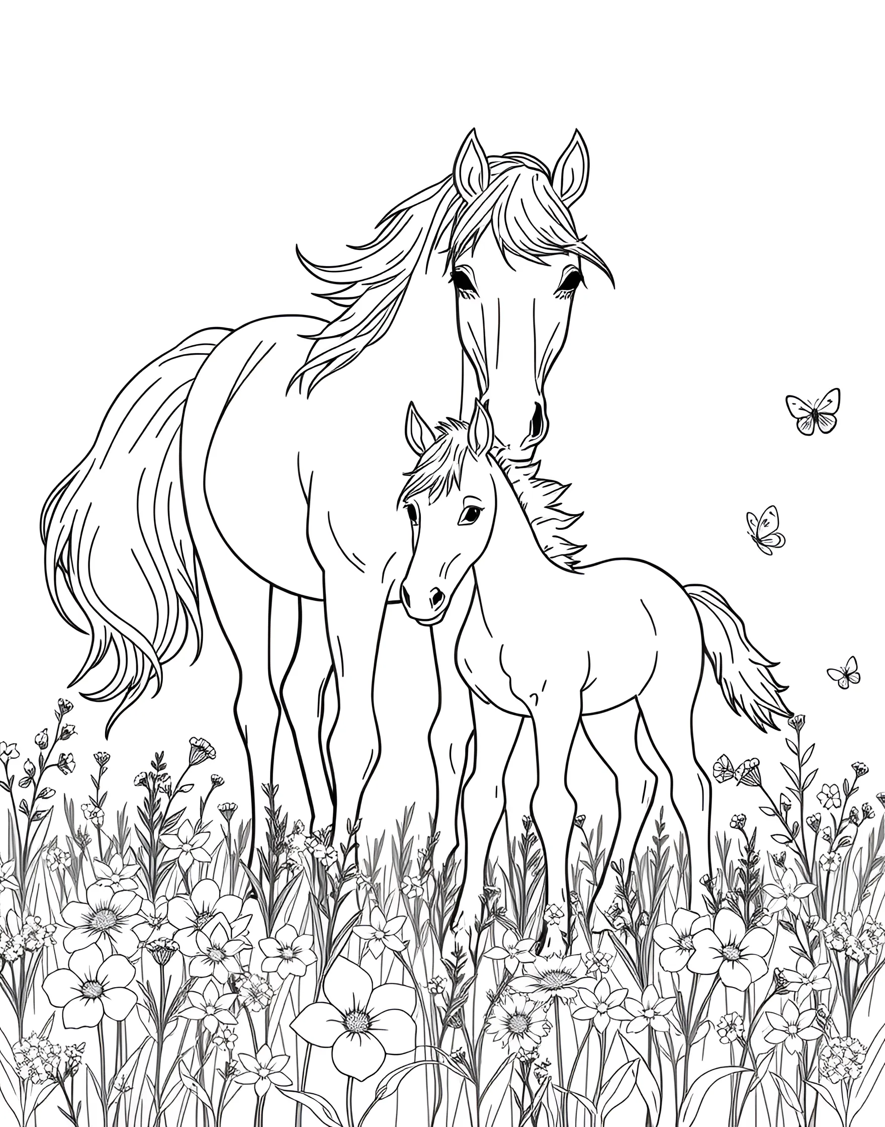 Horse and Foal in a Spring Meadow Coloring Page -- prompt: "A horse and foal standing in a spring meadow filled with flowers and butterflies." -- Welcome the arrival of spring with this charming coloring page featuring a horse and its foal. The pair are surrounded by blooming flowers and butterflies in a lush meadow. The tender interaction between mother and baby offers a heartwarming scene for nature lovers to color and enjoy.