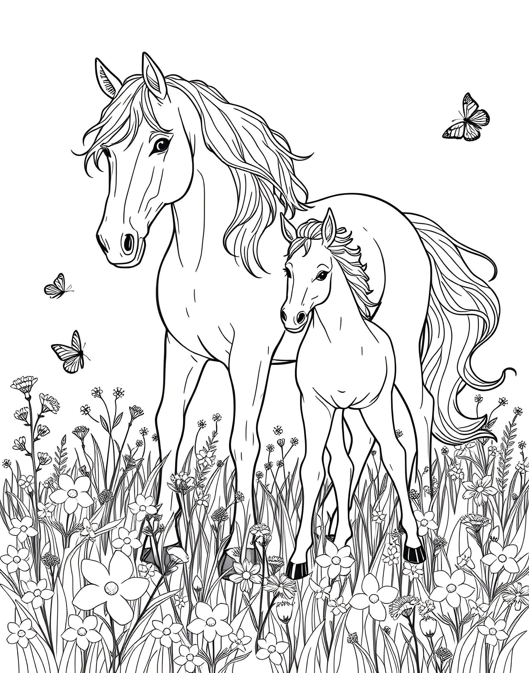 Horse and Foal in a Spring Meadow Coloring Page -- prompt: "A horse and foal standing in a spring meadow filled with flowers and butterflies." -- Welcome the arrival of spring with this charming coloring page featuring a horse and its foal. The pair are surrounded by blooming flowers and butterflies in a lush meadow. The tender interaction between mother and baby offers a heartwarming scene for nature lovers to color and enjoy.