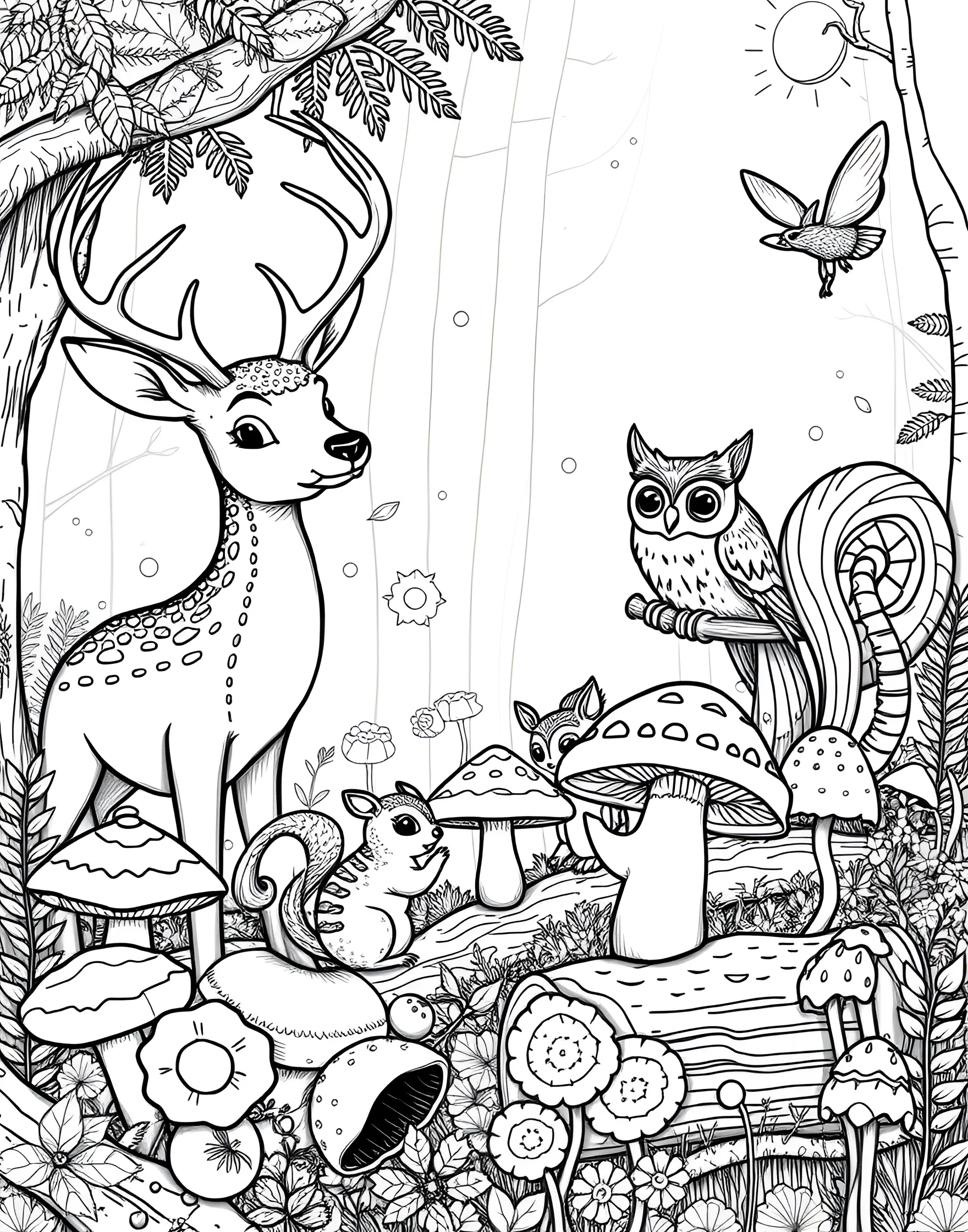 Mushroom-Loving Woodland Creatures Coloring Page -- prompt: "Various woodland animals interacting with different types of mushrooms in a forest setting." -- Discover the charm of forest animals interacting with mushrooms in this heartwarming scene. Rabbits, deer, squirrels, and birds are shown nibbling, resting on, or playing around various mushrooms. This page celebrates the interconnectedness of forest life and is perfect for nature lovers.