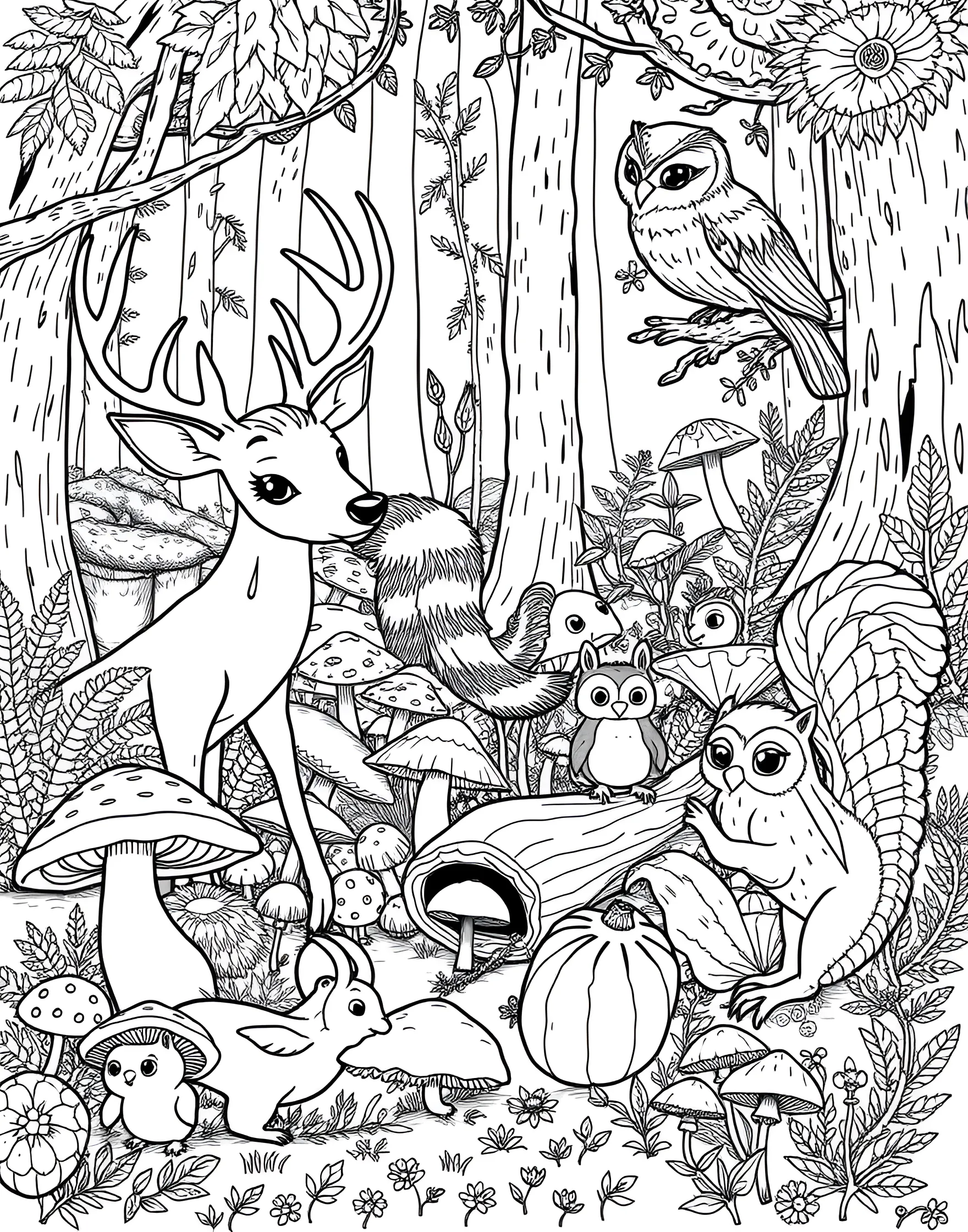 Mushroom-Loving Woodland Creatures Coloring Page -- prompt: "Various woodland animals interacting with different types of mushrooms in a forest setting." -- Discover the charm of forest animals interacting with mushrooms in this heartwarming scene. Rabbits, deer, squirrels, and birds are shown nibbling, resting on, or playing around various mushrooms. This page celebrates the interconnectedness of forest life and is perfect for nature lovers.