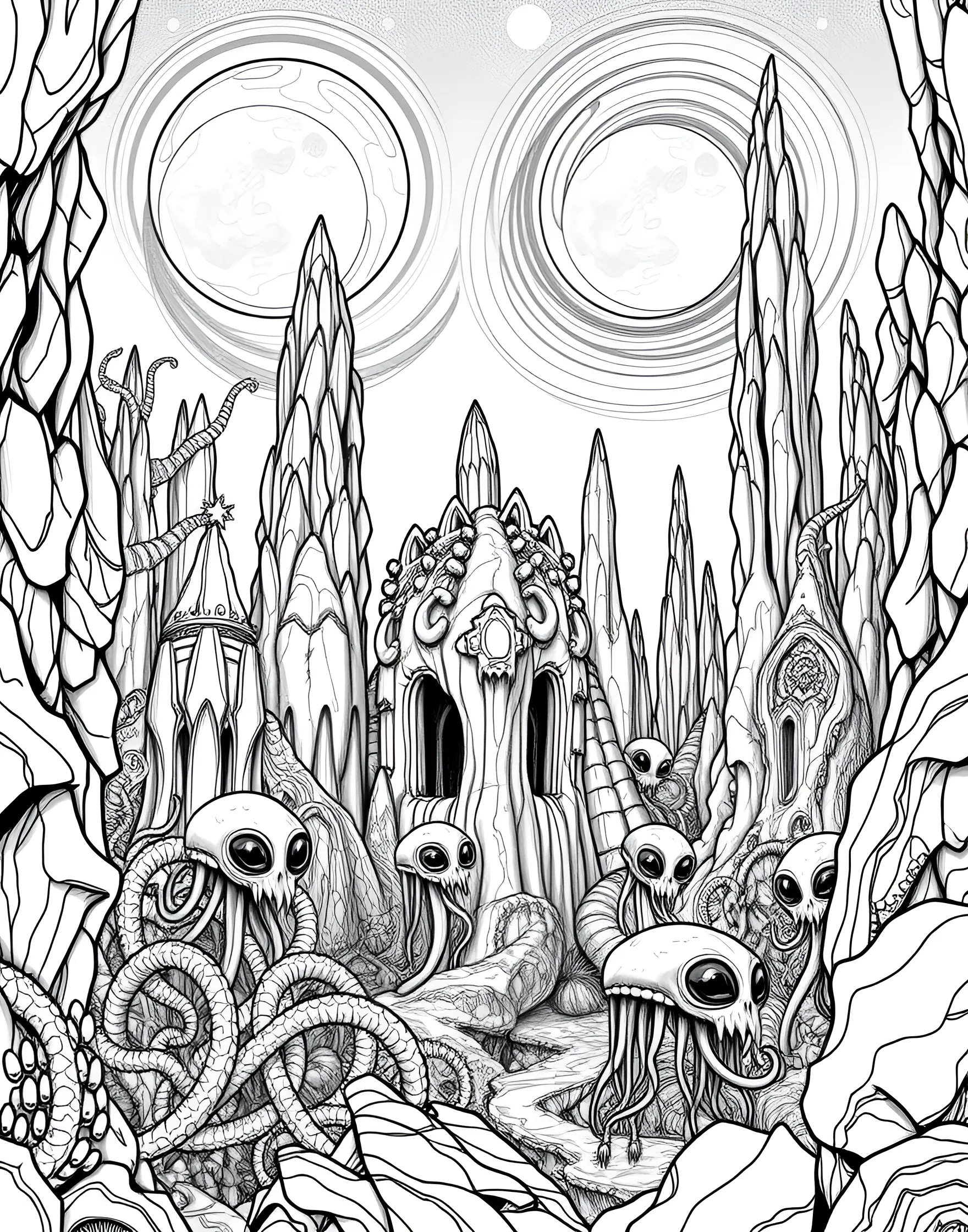 Alien World Discovery Coloring Page -- prompt: "An alien planet landscape with strange plants, rock formations, and glimpses of alien creatures peeking out from hiding spots." -- Imagine life on other planets with this whimsical alien world coloring page. The landscape features bizarre plants, strange rock formations, and a glimpse of curious alien creatures. This page encourages creativity and sparks discussions about what life might look like beyond Earth.