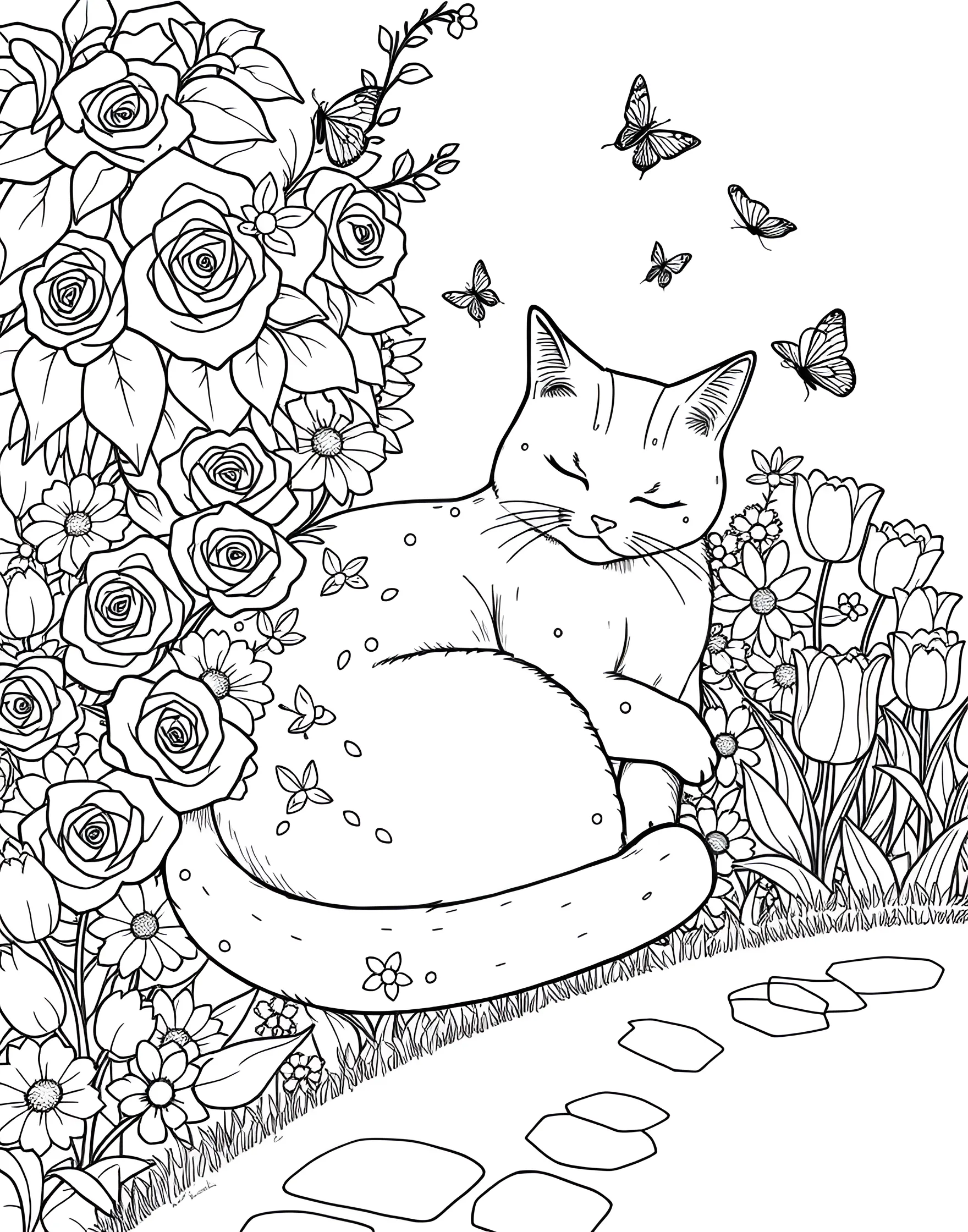 Cat Napping in a Flower Garden Coloring Page -- prompt: "A cat curled up asleep in the middle of a garden full of flowers." -- This serene scene depicts a cat peacefully sleeping among blooming flowers. The cat's curled-up form contrasts beautifully with the surrounding petals and leaves. It's a perfect page for those who love combining nature themes with their favorite feline friends.