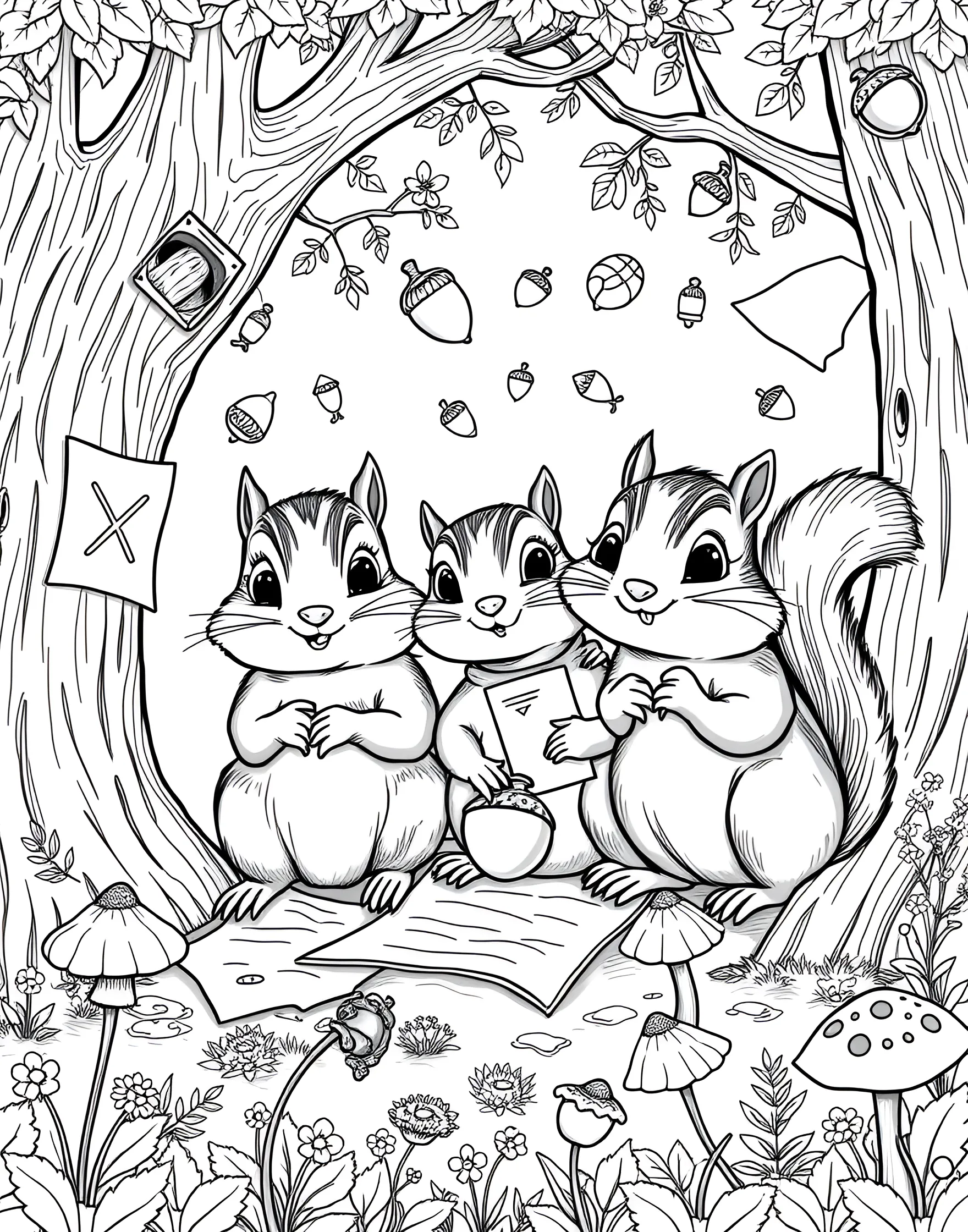 Chipmunk's Acorn Treasure Hunt Coloring Page -- prompt: "Cute chipmunks on an acorn treasure hunt in a forest with hidden acorns and maps." -- Join the adventure with this adorable coloring page featuring chipmunks on an acorn treasure hunt. The scene depicts chipmunks searching for acorns in a forest setting, complete with hidden acorns, maps, and cute forest obstacles. It's a delightful depiction of autumn fun with these charming woodland creatures.