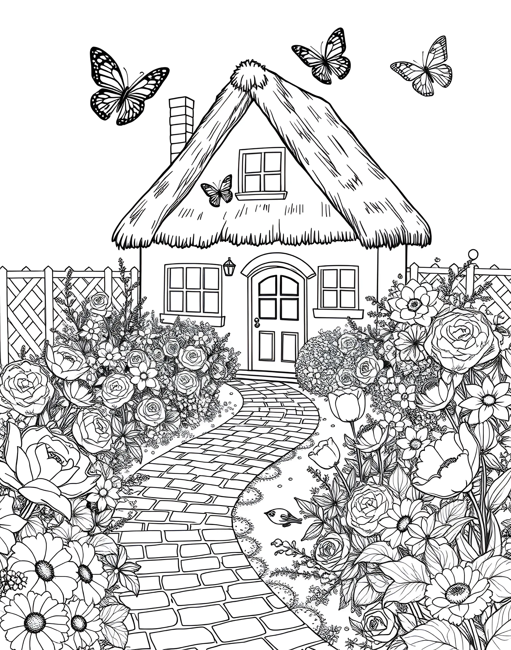 Charming Cottage Garden Coloring Page -- prompt: "A cottage surrounded by a lush garden filled with various flowers and a quaint pathway." -- Step into a quaint cottage garden with this charming coloring page. A mix of flowers surrounds a cozy cottage, creating a scene full of nostalgic beauty. This page is perfect for those who love creating idyllic, story-book-like settings with their coloring.