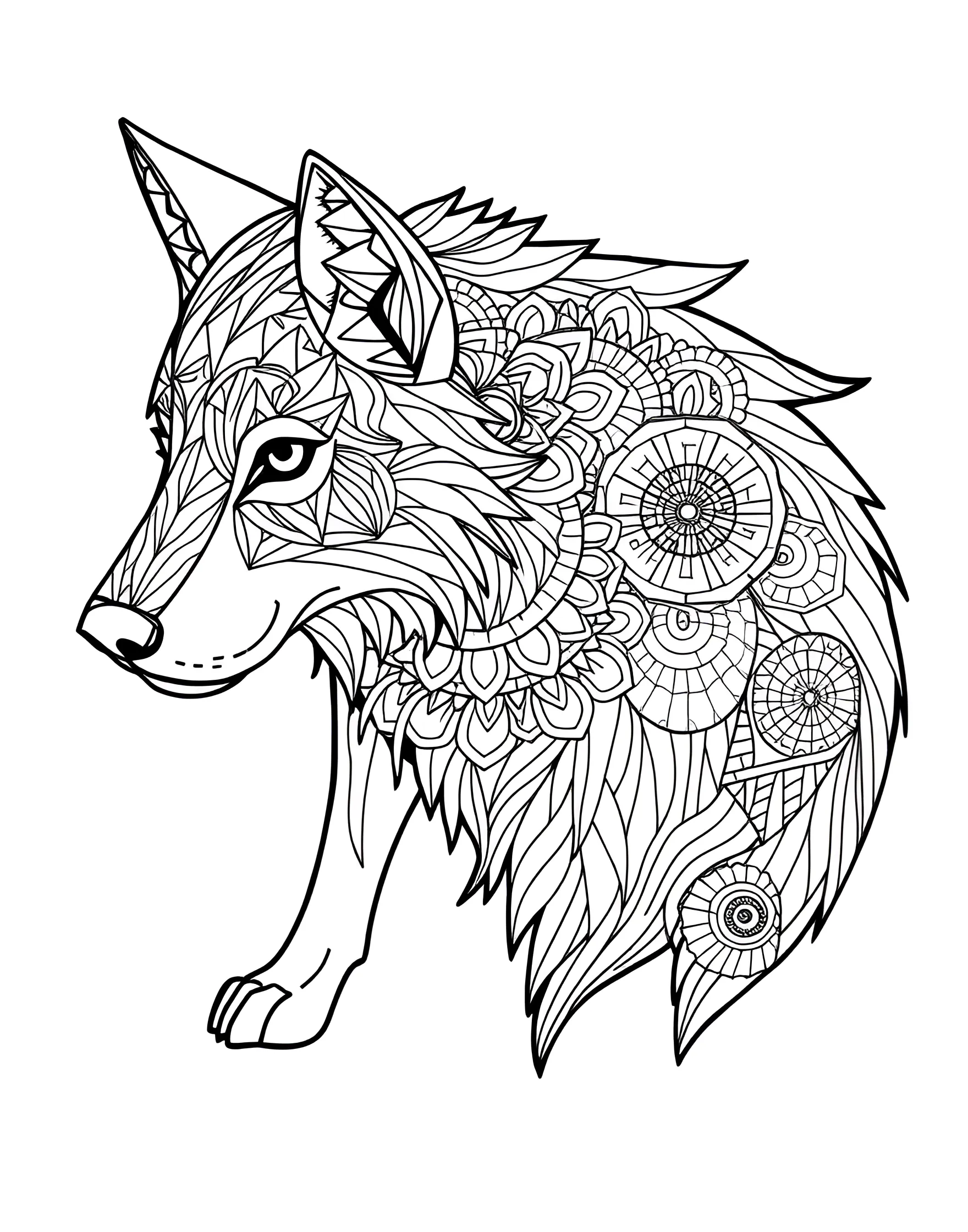 Geometric Wolf Spirit Animal Coloring Page -- prompt: "A wolf composed of various geometric shapes and patterns in a stylized, modern design." -- Connect with your inner spirit animal through this geometric wolf coloring page. The design depicts a majestic wolf composed of various geometric shapes and patterns. As you color, reflect on the strength and wisdom symbolized by this powerful creature.