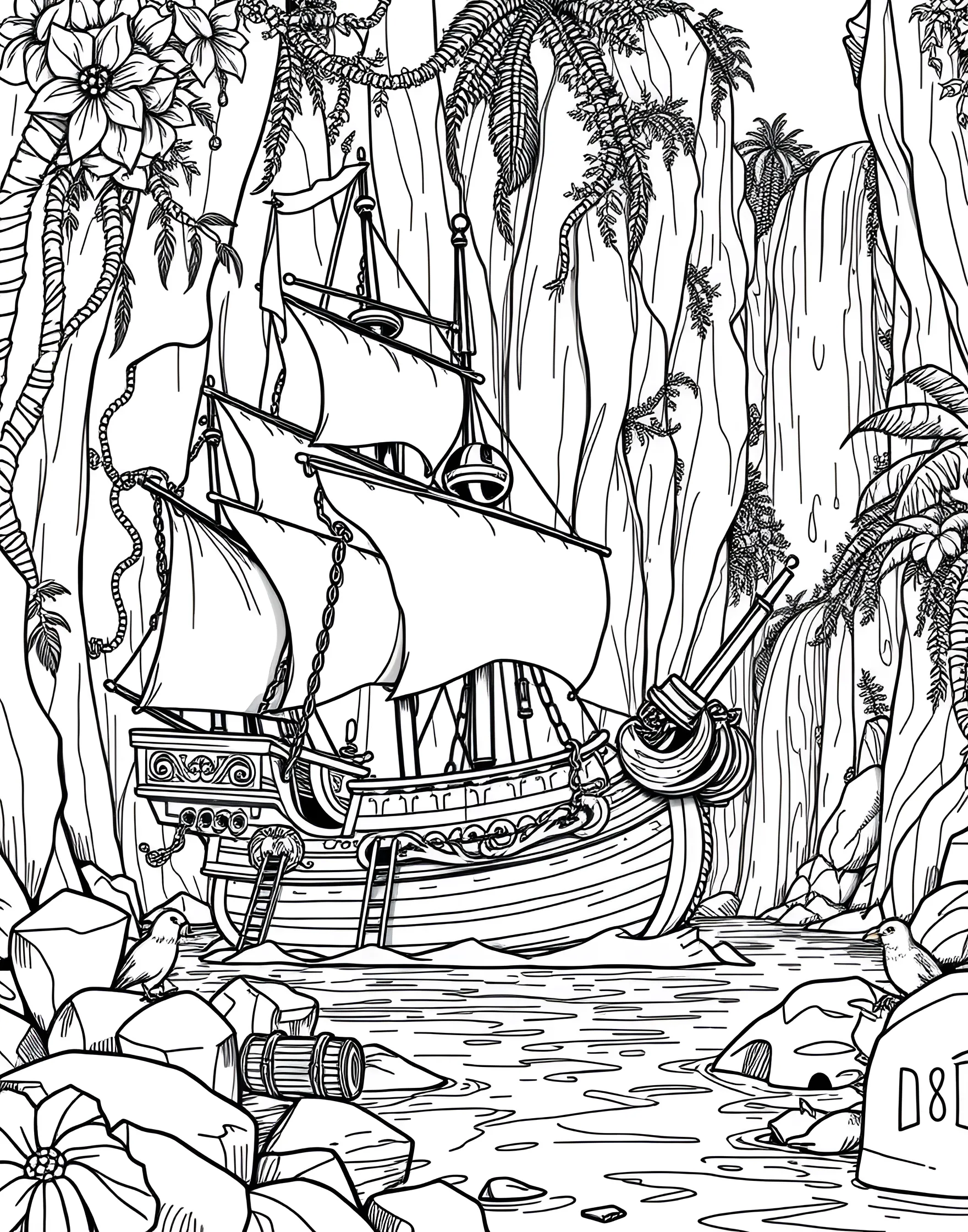 Pirate Ship Docked in a Secret Cove Coloring Page -- prompt: "A pirate ship anchored in a hidden cove, surrounded by high cliffs and lush vegetation." -- Find a pirate's hidden base in this secret cove coloring page. The ship, anchored in a secluded bay surrounded by cliffs, offers a glimpse into the pirates' world away from prying eyes. This page allows for creative landscape coloring.