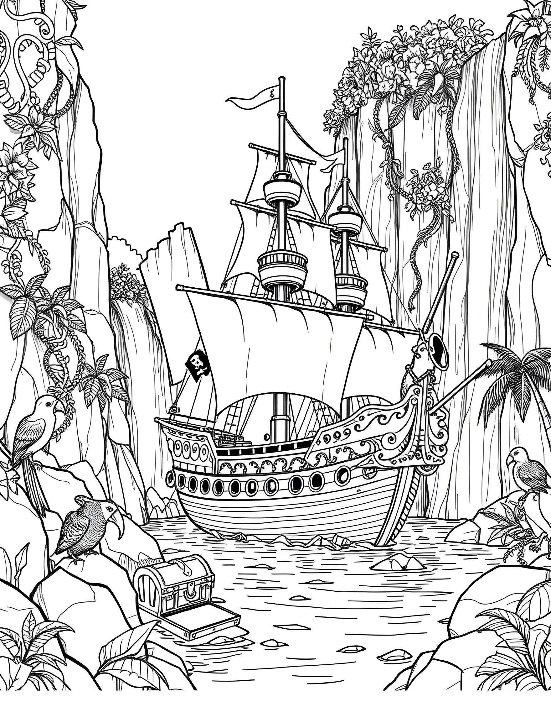 Pirate Ship Docked in a Secret Cove Coloring Page -- prompt: "A pirate ship anchored in a hidden cove, surrounded by high cliffs and lush vegetation." -- Find a pirate's hidden base in this secret cove coloring page. The ship, anchored in a secluded bay surrounded by cliffs, offers a glimpse into the pirates' world away from prying eyes. This page allows for creative landscape coloring.