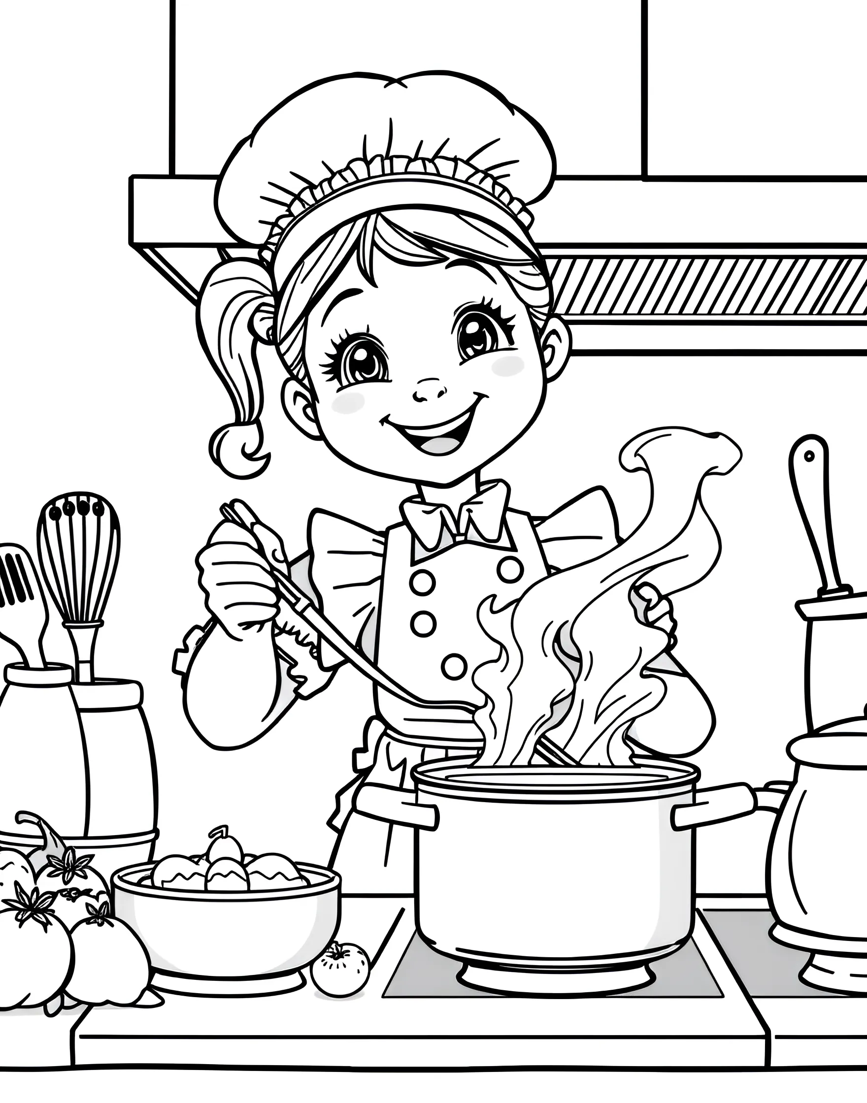 Girl Chef Cooking Up a Storm Coloring Page -- prompt: "A girl in a chef's hat and apron cooking at a stove, surrounded by kitchen utensils and ingredients." -- This delightful coloring page showcases a girl chef creating culinary magic in the kitchen. With a chef's hat and apron, she's stirring a big pot with a smile. It's a great way to encourage creativity in the kitchen and celebrate young food enthusiasts.