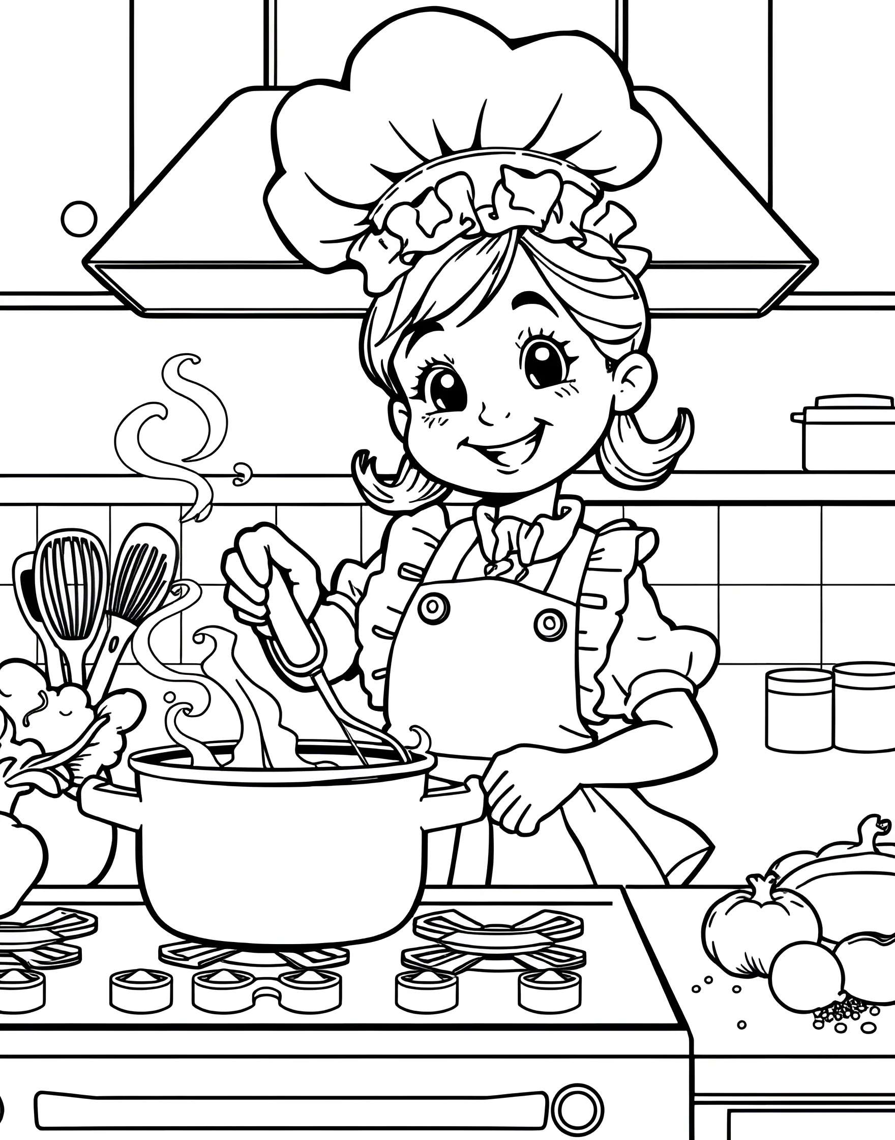 Girl Chef Cooking Up a Storm Coloring Page -- prompt: "A girl in a chef's hat and apron cooking at a stove, surrounded by kitchen utensils and ingredients." -- This delightful coloring page showcases a girl chef creating culinary magic in the kitchen. With a chef's hat and apron, she's stirring a big pot with a smile. It's a great way to encourage creativity in the kitchen and celebrate young food enthusiasts.