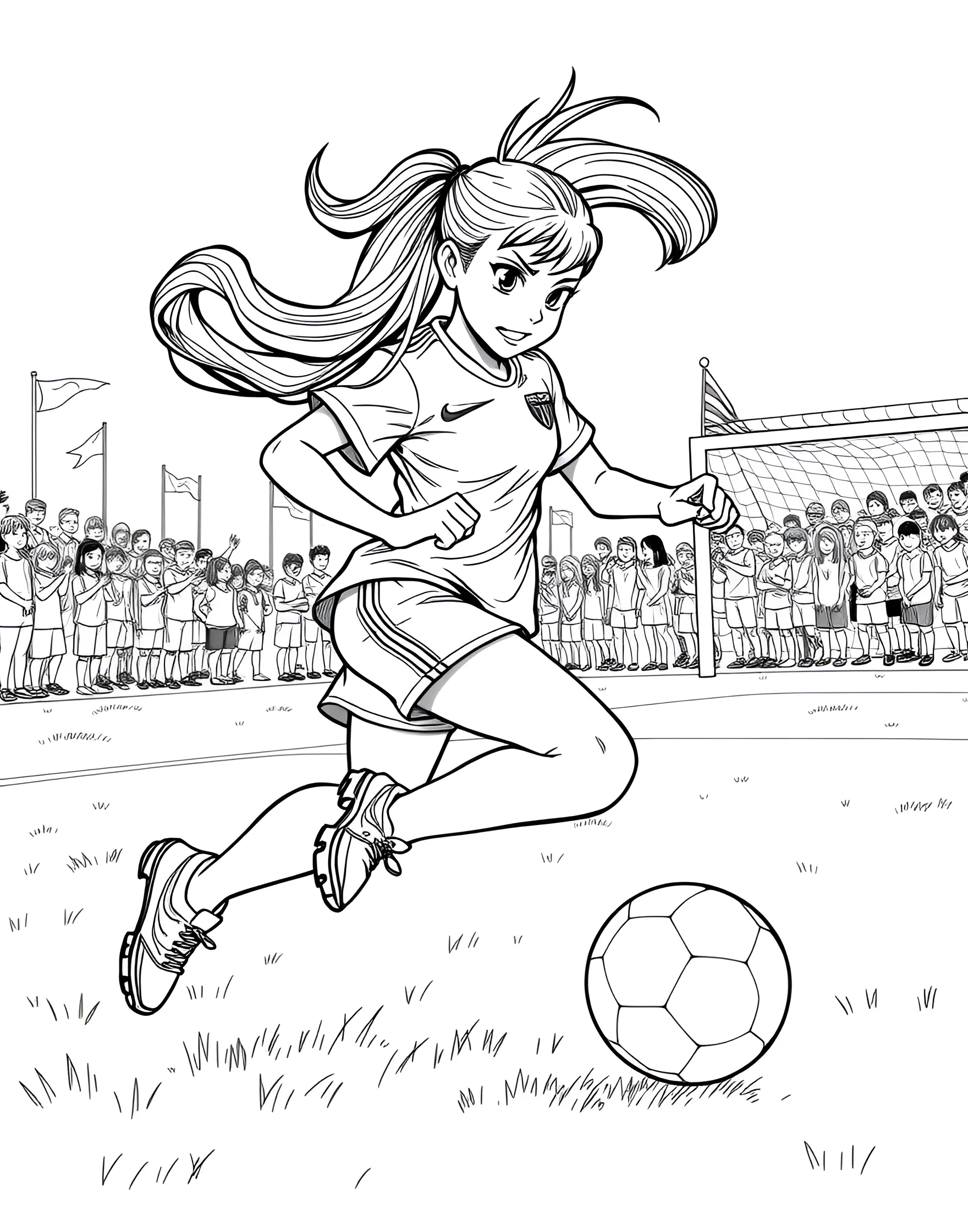 Girl Soccer Player Scoring a Goal Coloring Page -- prompt: "A girl soccer player kicking a ball towards a goal on a soccer field." -- Encourage athletic aspirations with this dynamic soccer player coloring page. A young girl is captured mid-kick, about to score a goal. Her determined expression and action pose convey the excitement of the game, while her uniform and the soccer field provide plenty of details to color.